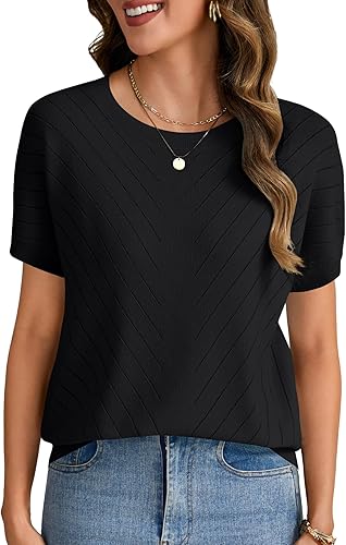 Rooscier Women's Hollow Out Lightweight Round Neck Short Sleeve Casual Pullover 