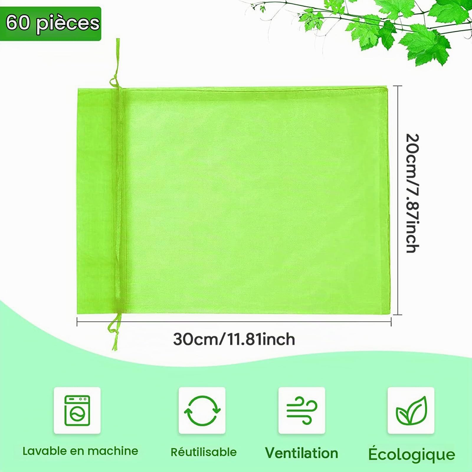 60 Pièces Sac Protection Raisin, Sacs Filets Protection Vert Sac Organza avec Cordon, Sacs Filets Protection des Grappes de Raisins Contre Guêpe Drosophile Scarabées Oiseaux, 20 * 30cm