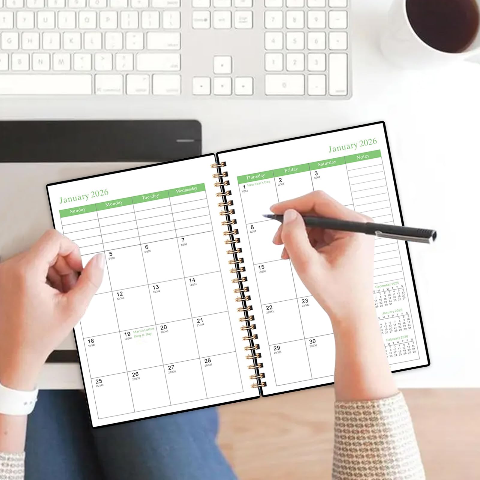 Planificateur de calendrier 2026-2028 – Agenda de rendez-vous mensuel, carnet relié en spirale avec 36 intercalaires mensuels, notes de travail et affaires