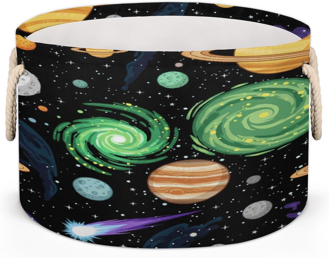 Large Storage Baskets - Planets Cosmos Nursery Round Collapsible Organizer Bin Box, Laundry Hamper for Kids Toys, Blanket, Bedroom Living Room Home Decor, Gift Basket, 19.4"x13.3"