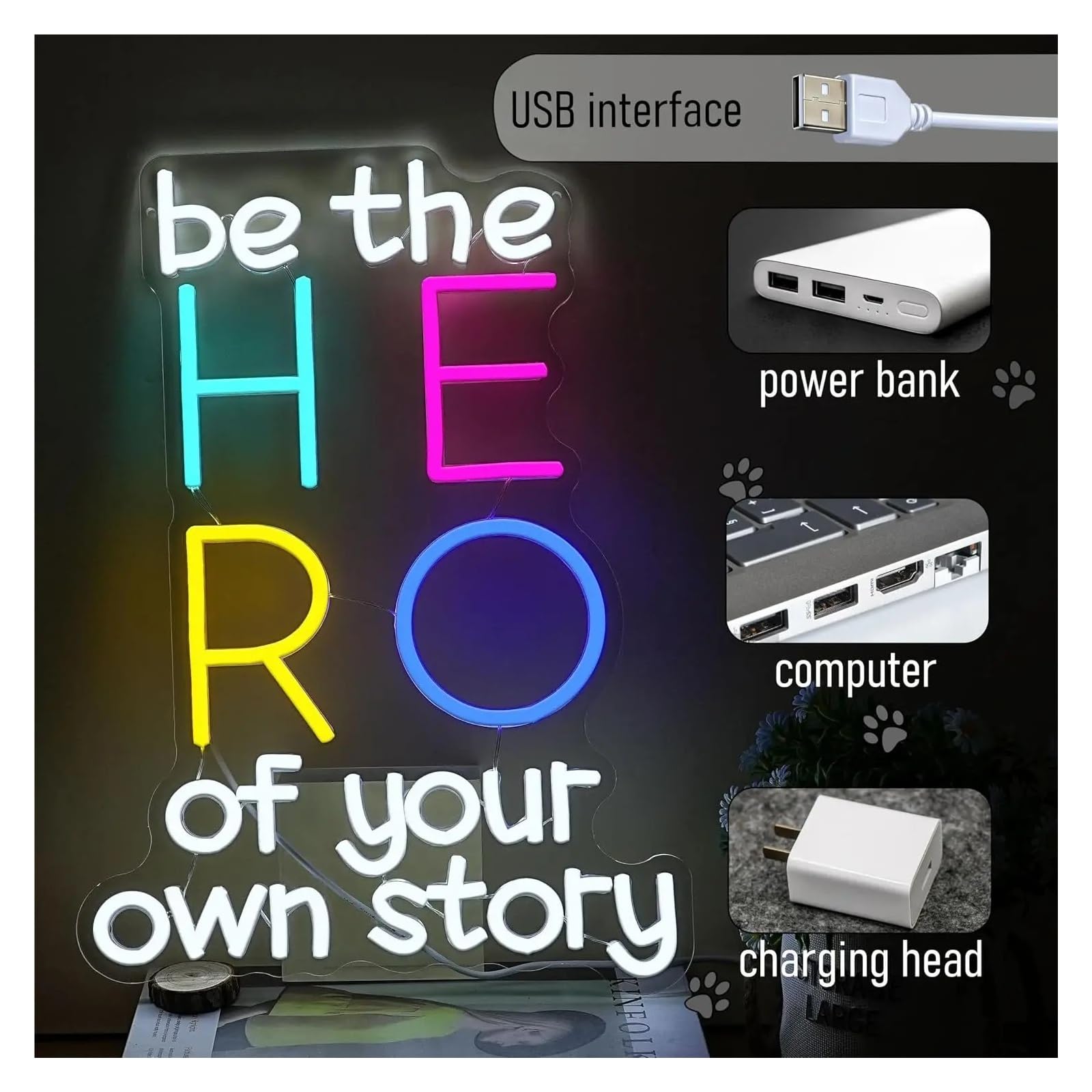 Insegna al Neon Insegna Al Neon A LED"Be The Hero Of Your Own Story" | Decorazione Murale Estetica Per Camera Da Letto, Ufficio, Palestra, Dormitorio, 40x28.7cm