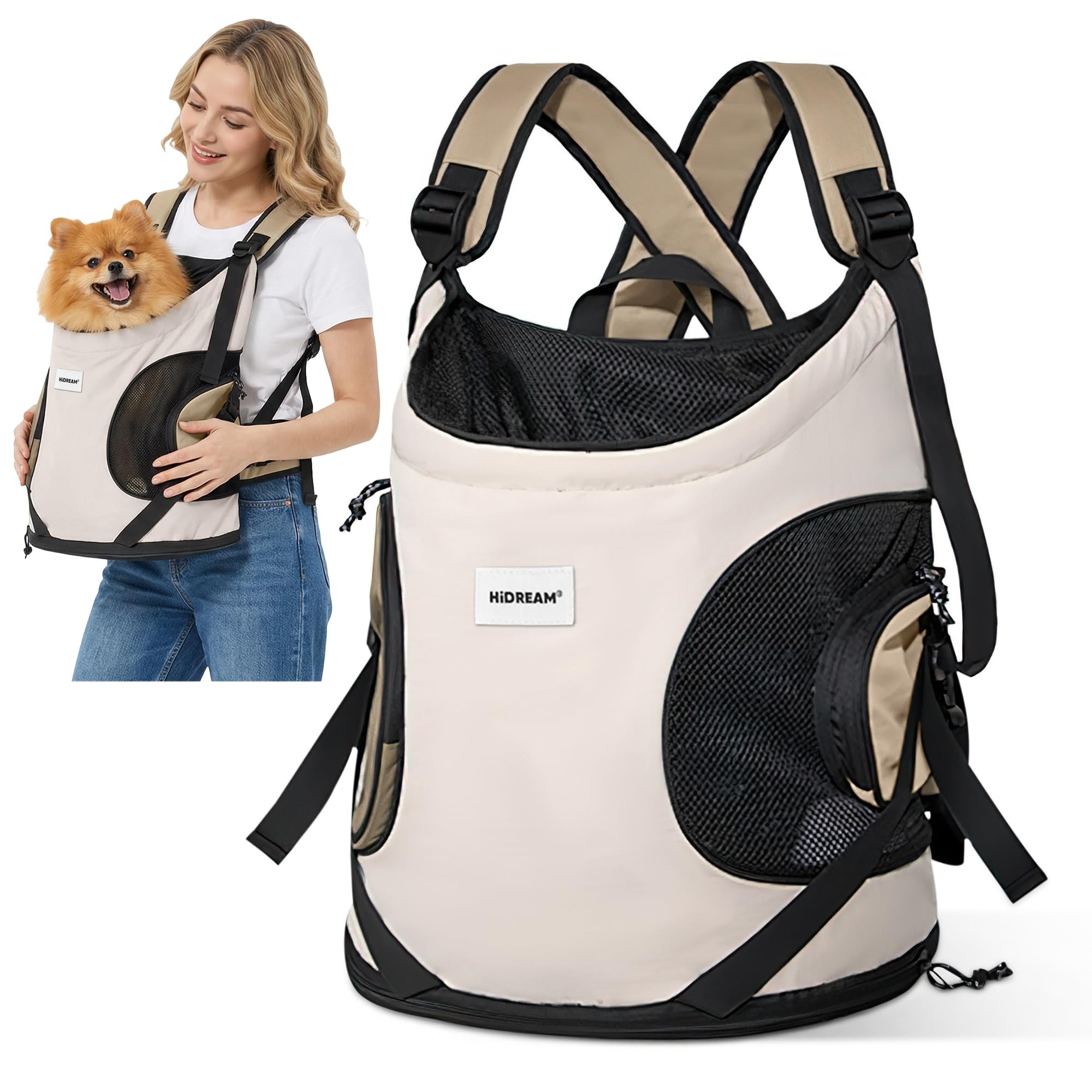 ALLSOPETS Dog Carrier Backpack, Portable Pet Travel Bag for Cats and Small Dogs with Safety Strap, Breathable and Secure for Hiking Travel and Motorcycle Rides (Beige)