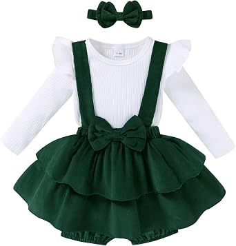 YOUNGER TREE Baby Girl Clothes Winter Outfit Long Sleeve Romper Newborn Fall Corduroy Suspender Skirt Set with Headband