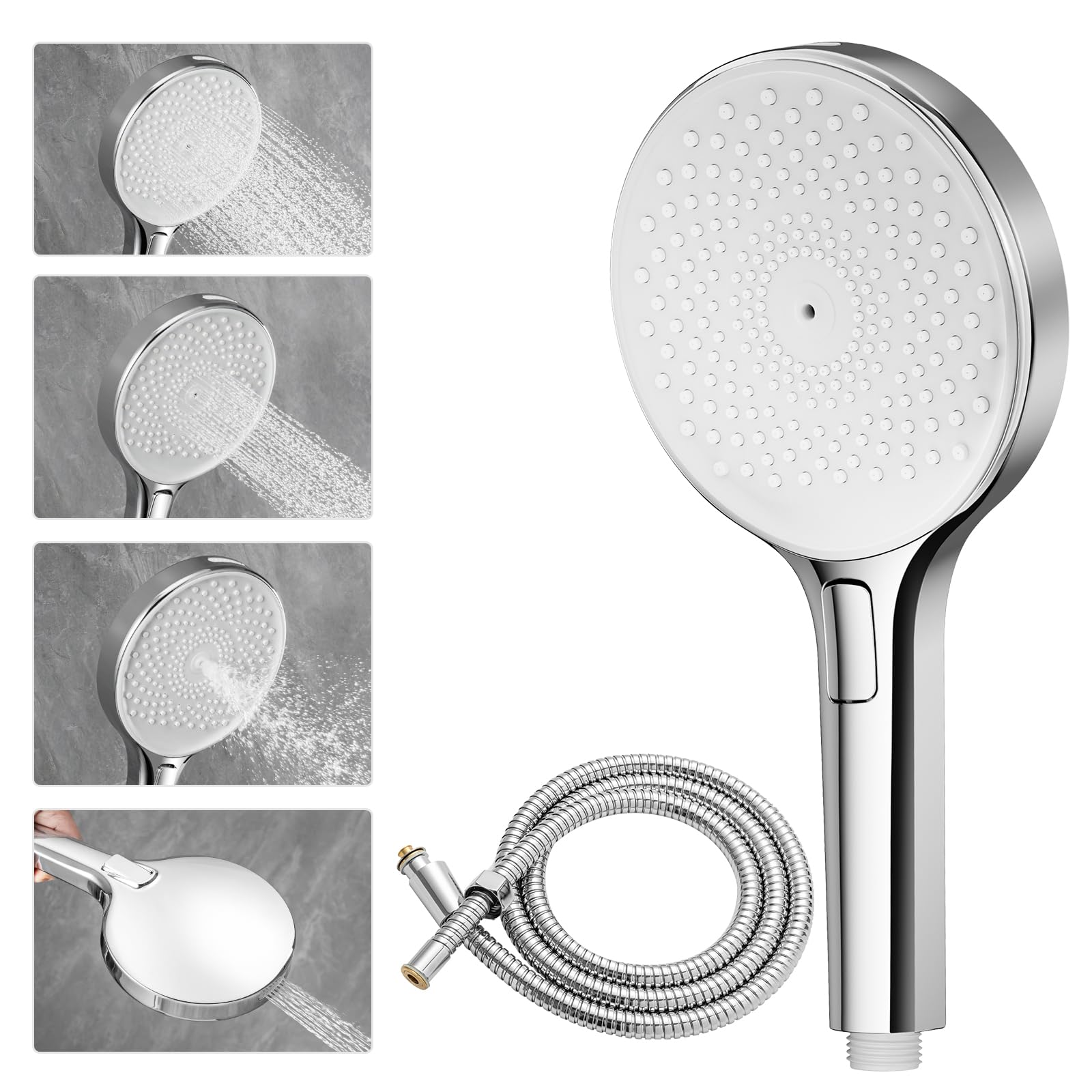 Auralum Duschkopf mit Schlauch 1,5m - Große 140mm Handbrause mit 4 Strahlarten - Duschkopf mit Hochdruck & Wassersparend - Ideal für Niedrigen Wasserdruck - Chrom