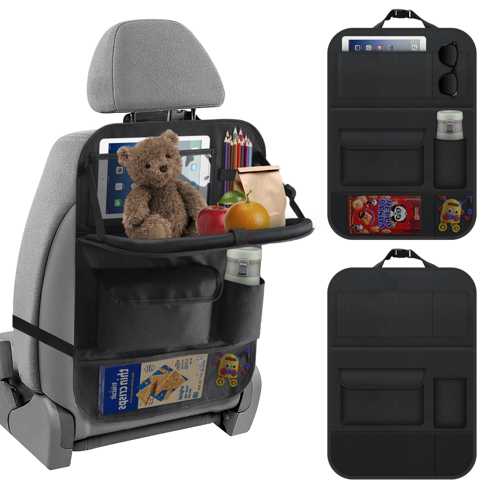 Vbgurr Black Car Organiser Car Seat Organiser Kids,Back Seat Organisers With Foldable Tray,Car Seat Storage With Touchable Tablet Pocket,Backseat Kick Protector Fits Most Cars,Kids Toys Food Storage