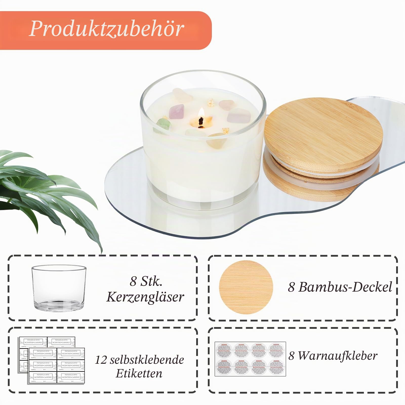 CONNOO 8 Stück 350 ml Kerzengläser aus transparentem Glas zur Kerzenherstellung mit luftdichten Bambusdeckeln - Schöne selbstklebende Warnaufkleber zur Herstellung von