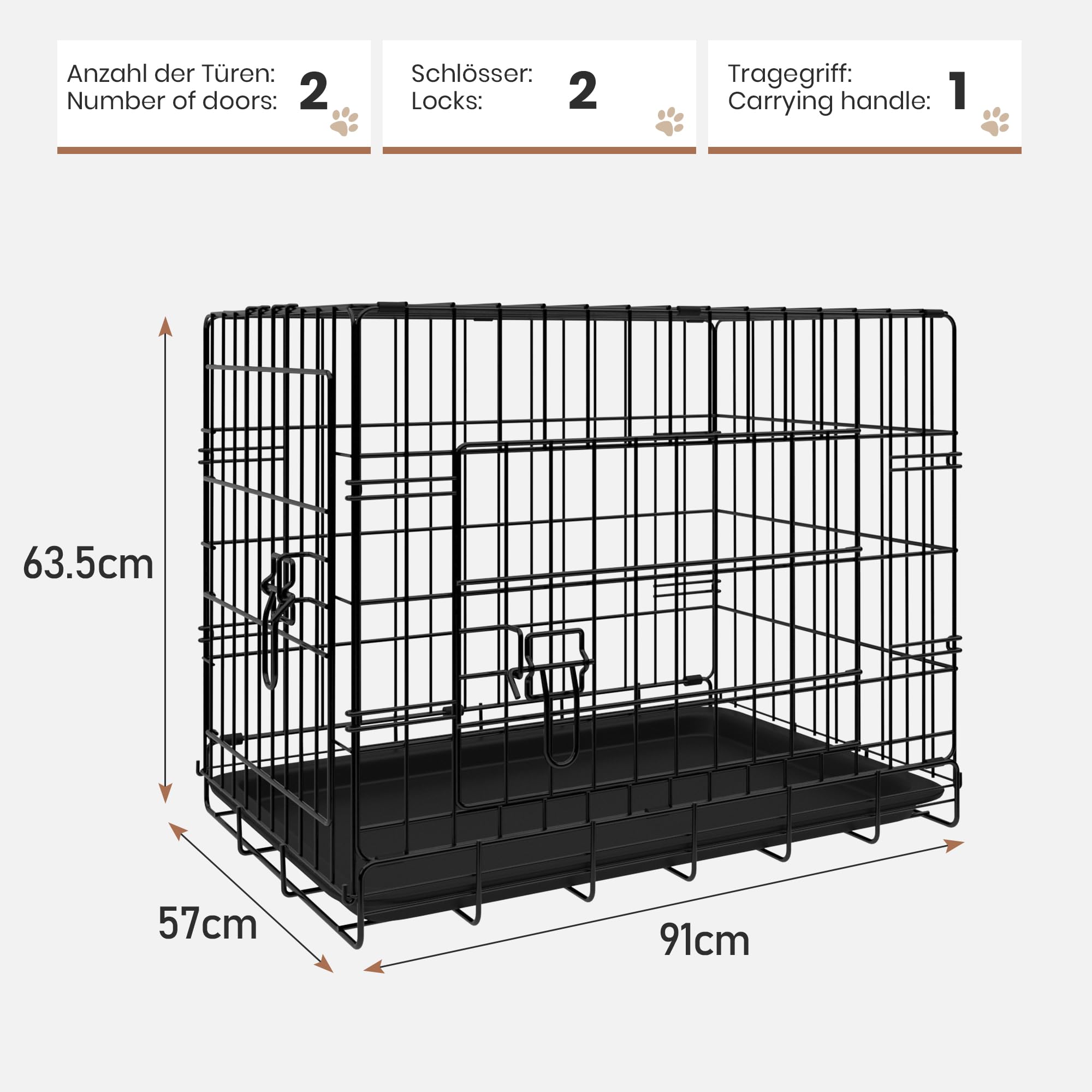 Leopet® Gabbia per Cane - Pieghevole, 2 Porte, in Metallo, Vassoio Rimovibile, Portatile - Trasportino, Scatola, Box da Trasporto, Auto, Macchina per Animali Domestici, Gatti (LxLxA: 91x57x64 cm)