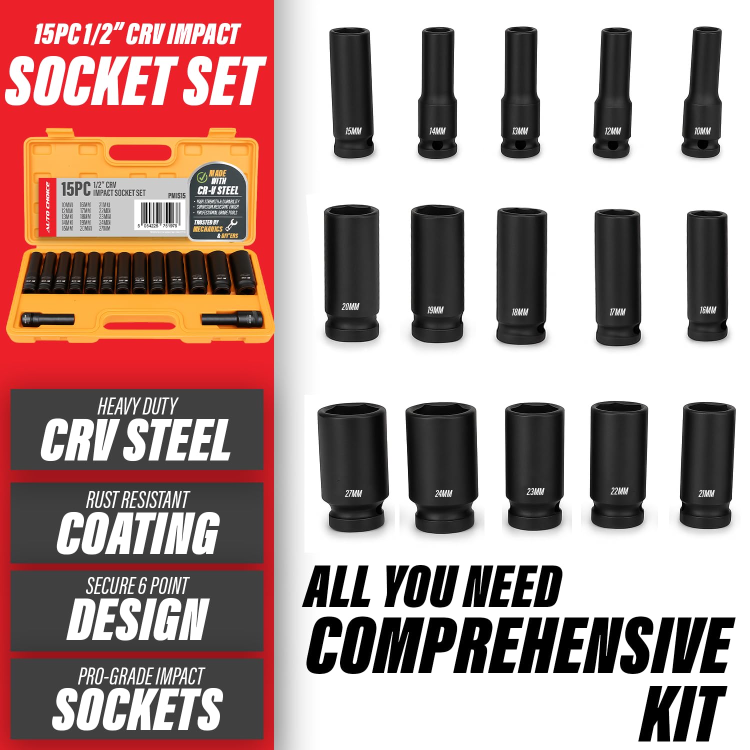 Xtremeauto 15pc 1/2" Impact Socket Set, CRV Steel Metric Sockets 10-27mm, 6-Point Design for Impact Wrenches - Image 2