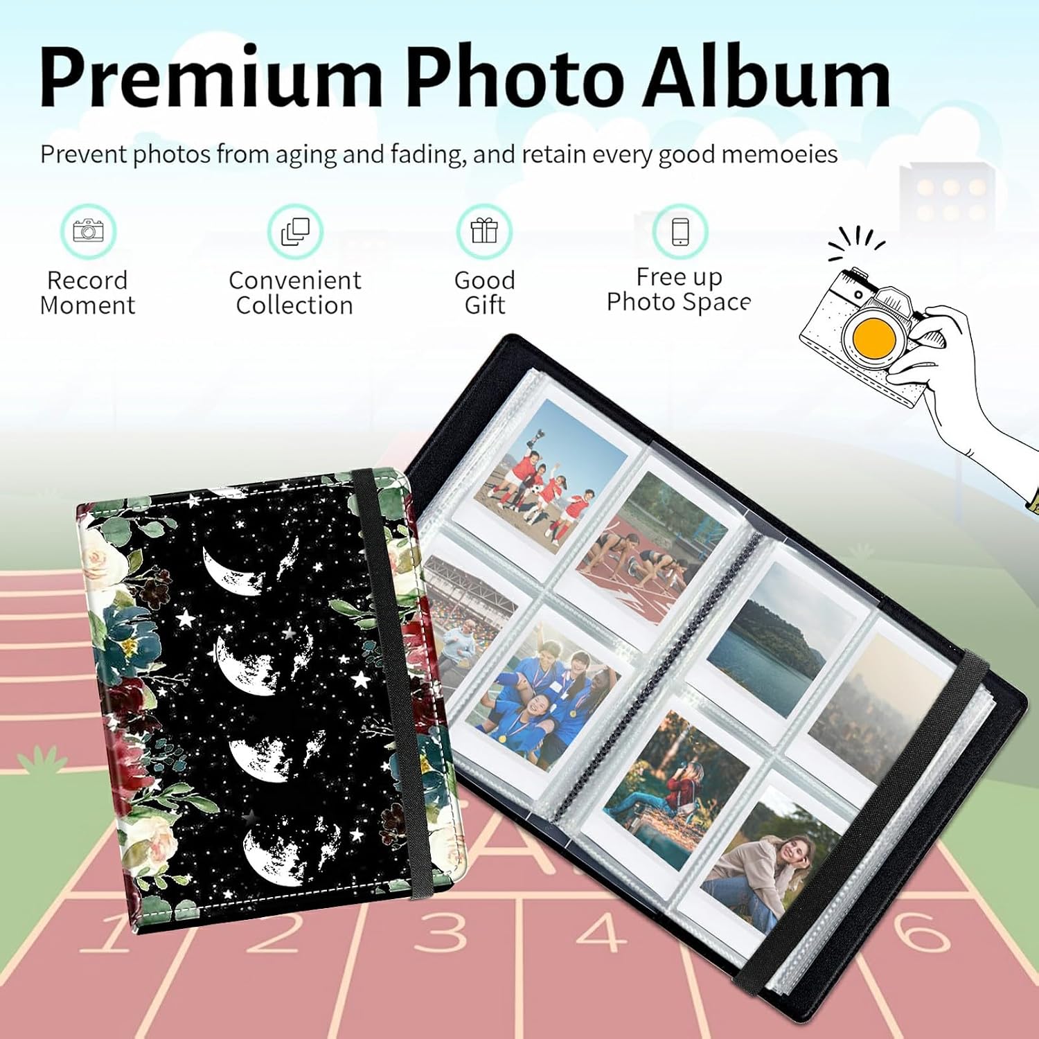 Photo Album 6.89x8.58" 60 Photos Pockets PU Leather Cover Photo Albums with Inner Transparent Pockets and Elastic Band Design for Family Anniversary Wedding Baby Pets,Moon Wild Floral