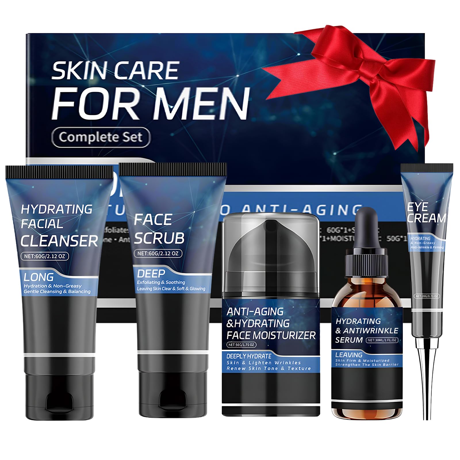 Skin Care Set for Men, 5 IN 1 Facial Care Kit Includes Cleanser, Face Scrub, Serum, Eye Cream, Moisturizer, Anti Aging Skincare Routine Kit Fathers Day Birthday Gifts for Husband Boyfriend Dad