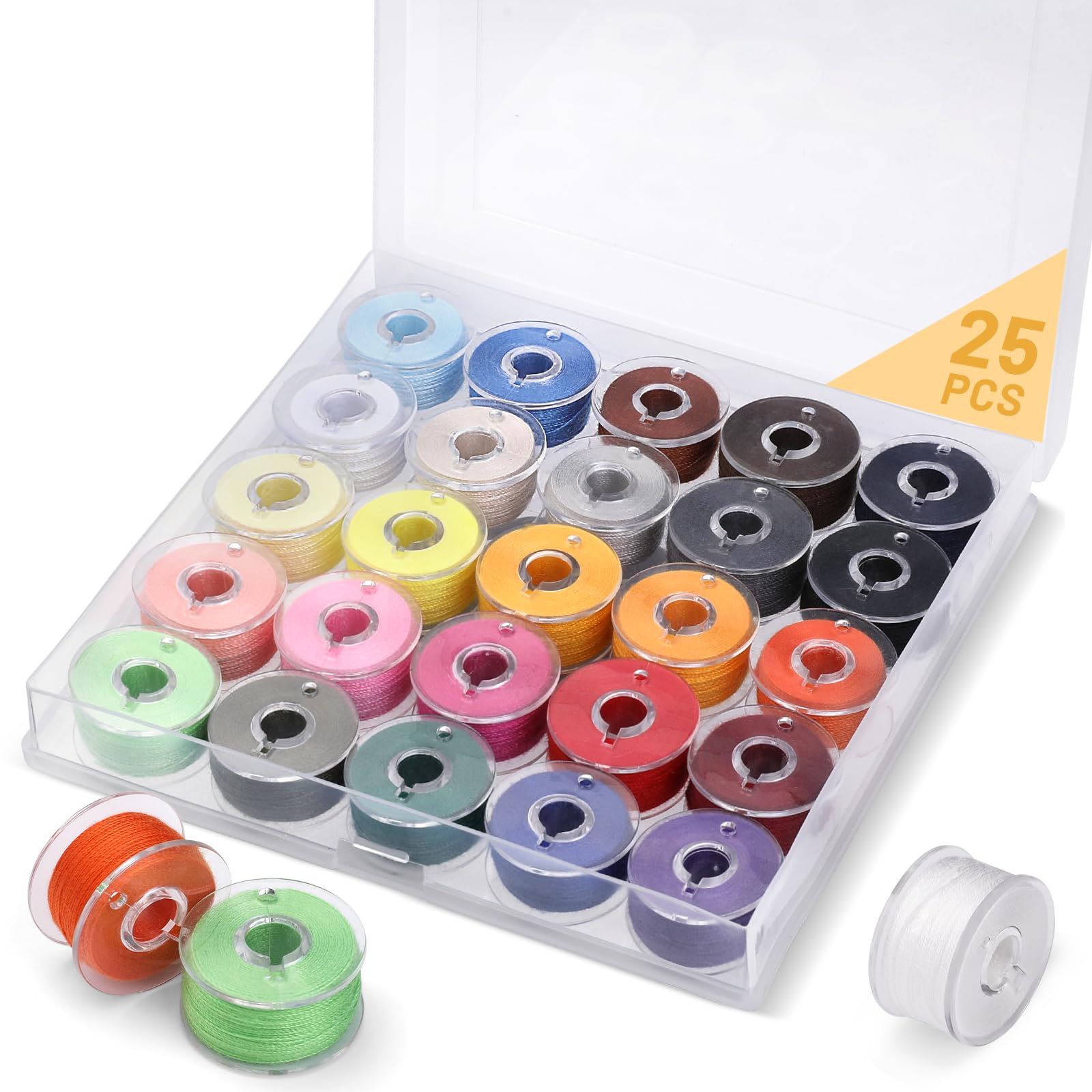 dipeer 25 Pcs Bobbins for Sewing Machine, Assorted Colors Sewing Machine Thread with Bobbin Case, Pre-Wound Bobbins Sewing Machine Accessories for Handheld Sewing Machine, Embroidery Machine