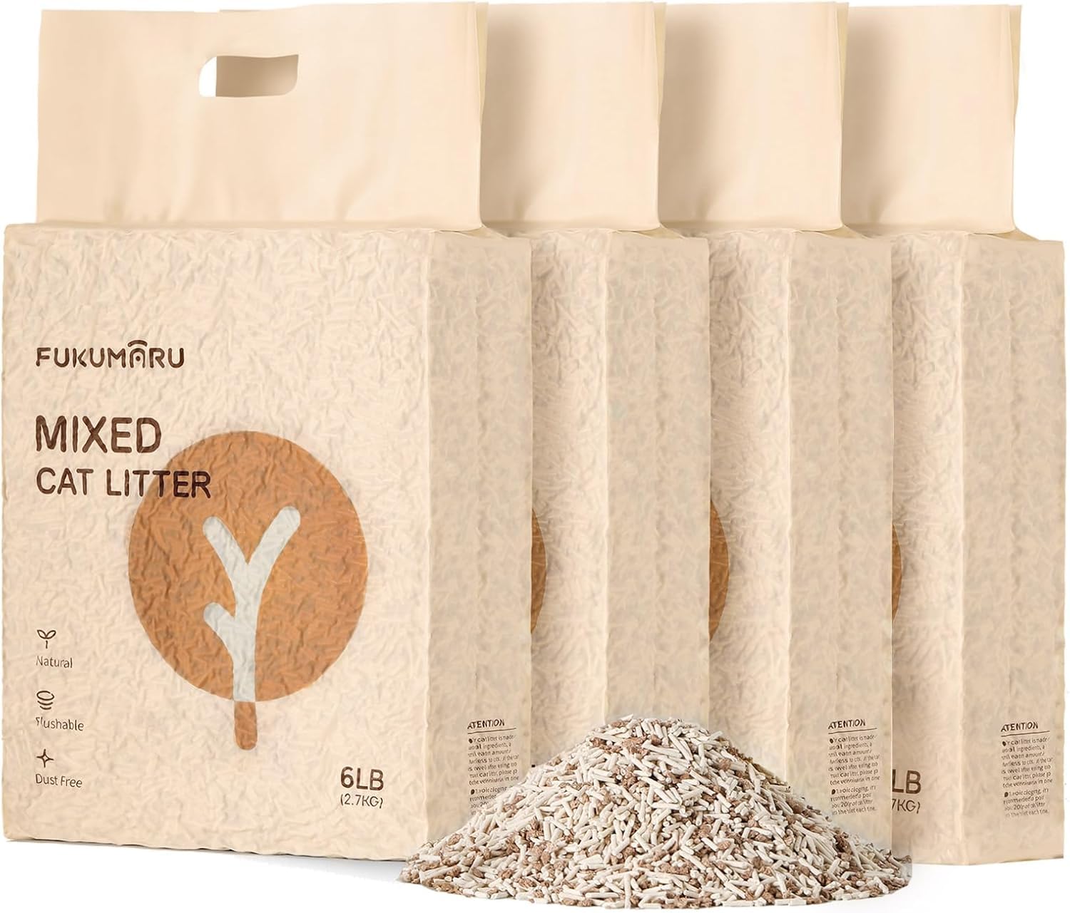 FUKUMARU Litière pour Chat Tofu, Litiere pour Chat Agglomérante, Granulés Mixtes de Bois de Pommier, sans Poussière et Légèrement Agglomérante, Contrôle des odeurs, Lavable, 4 Packs