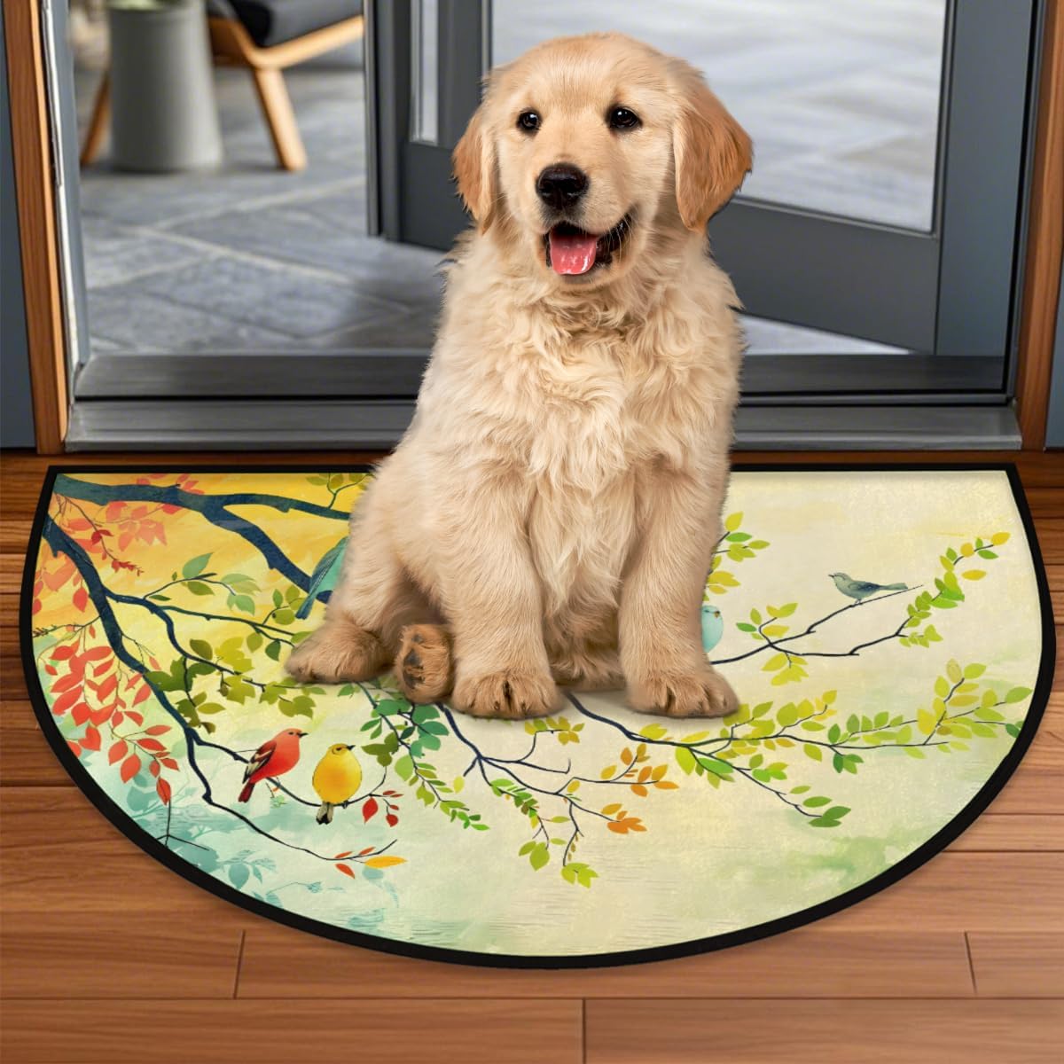 Birds Branches Colorful Half Round Door Mat Non-Slip Welcome Entryway Soft Area Rug Absorbent Bathroom Rugs Wear Resistant Indoor Kitchen Mats 24 x 36 in for Home Deck Patio Garage