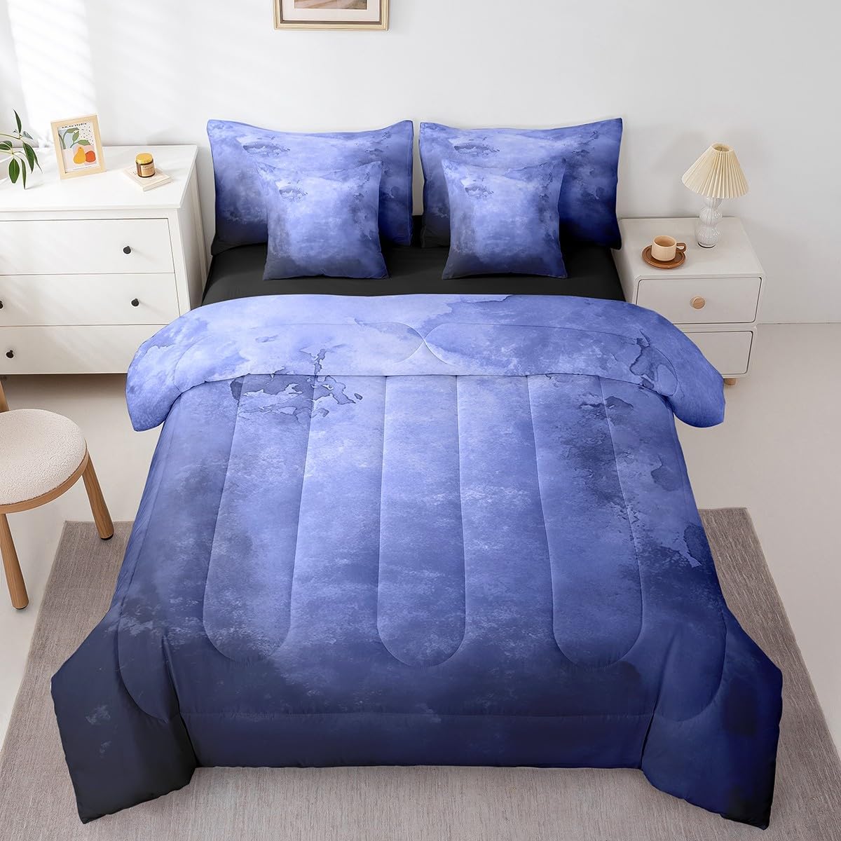 Erosebridal Purple And Black Abstract 7 Piece Queen Comforter Set, Smoky Gradient Soft Bedding For Kids Girls Boys, Watercolor Art Aesthetic Bed in a Bag Bed Sheets Set For Sofa, Ombre Tie Dye Bed Set
