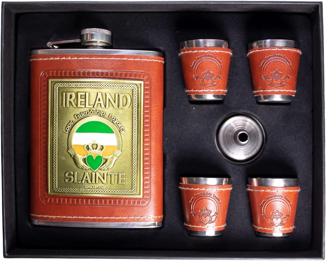 Irish Flask Set - Stainless Steel Flask with Four Shot Glasses, Funnel, and Gift Box - Liquor Flask for Men, Stainless Steel Hip Flasks for Liquor, Alcohol, and Whiskey (Irish Gifts for Men)