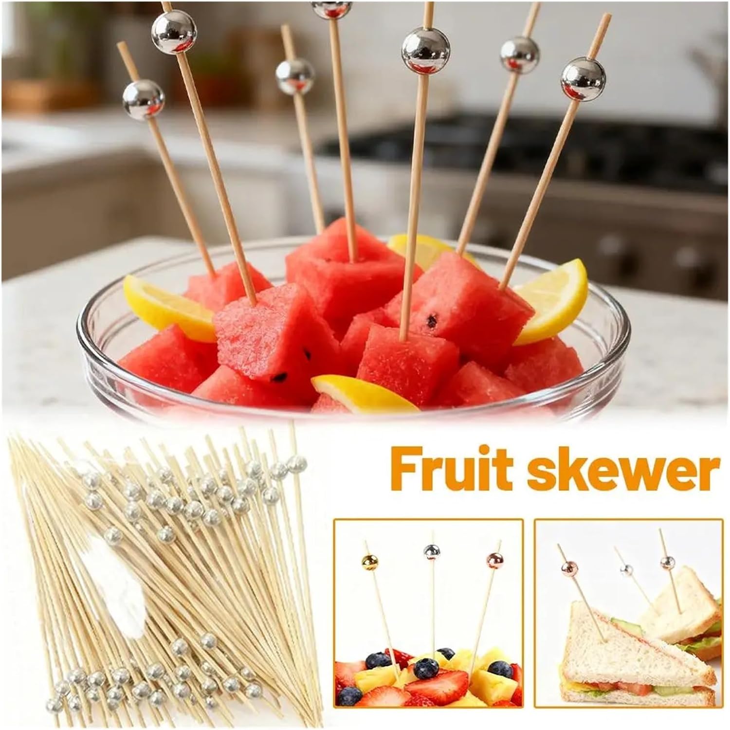 100pcs Wedding Pearl Bamboo Skewers Wooden Cocktail Picks Fruit Snack Fork Skewer Party Supplies(Golden)