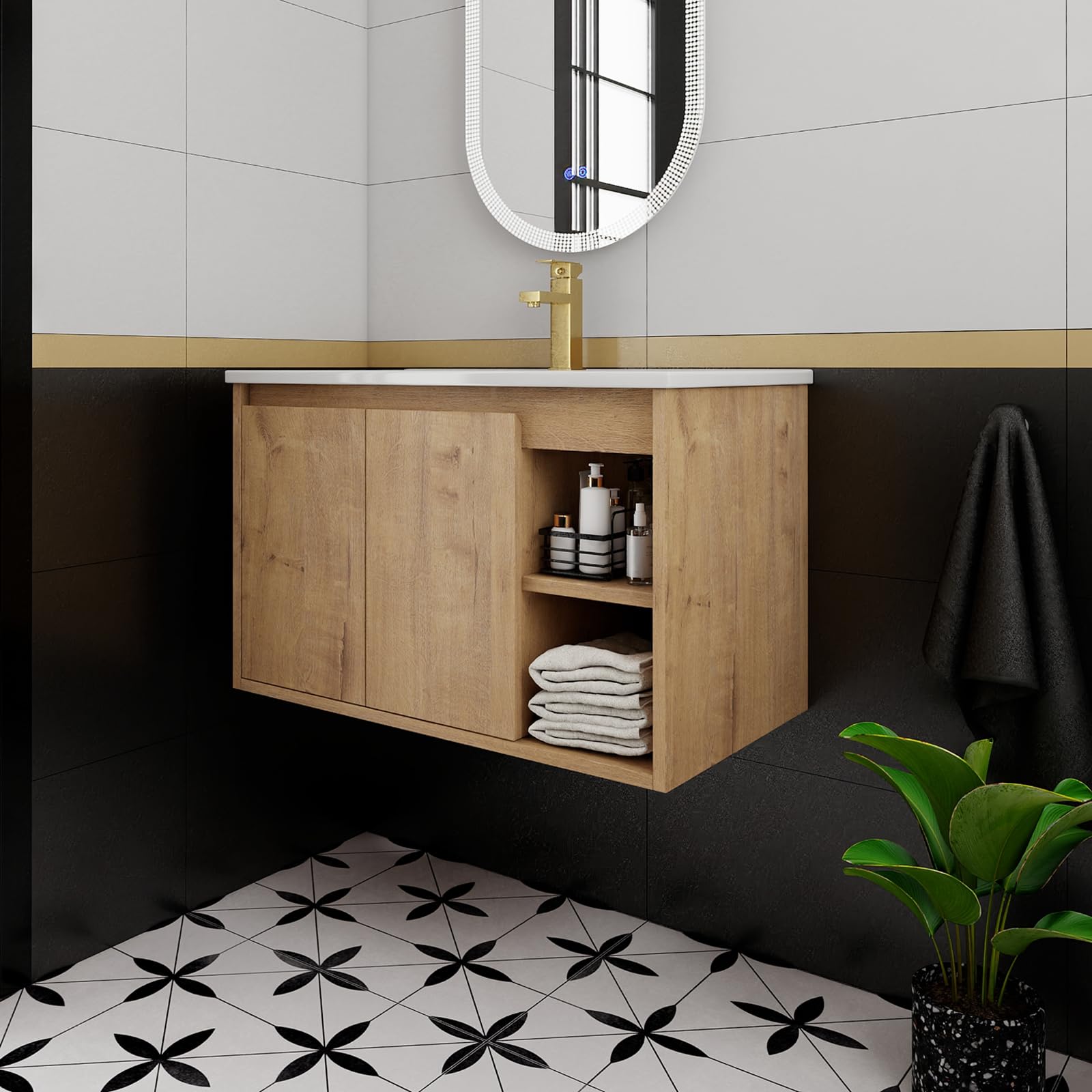 30 Inch Bathroom Vanity with Sink, Imitative Oak Modern Wall Mount Floating Vanity Set with Soft-Closing Door and Ceramic Basin, Contemporary Styling
