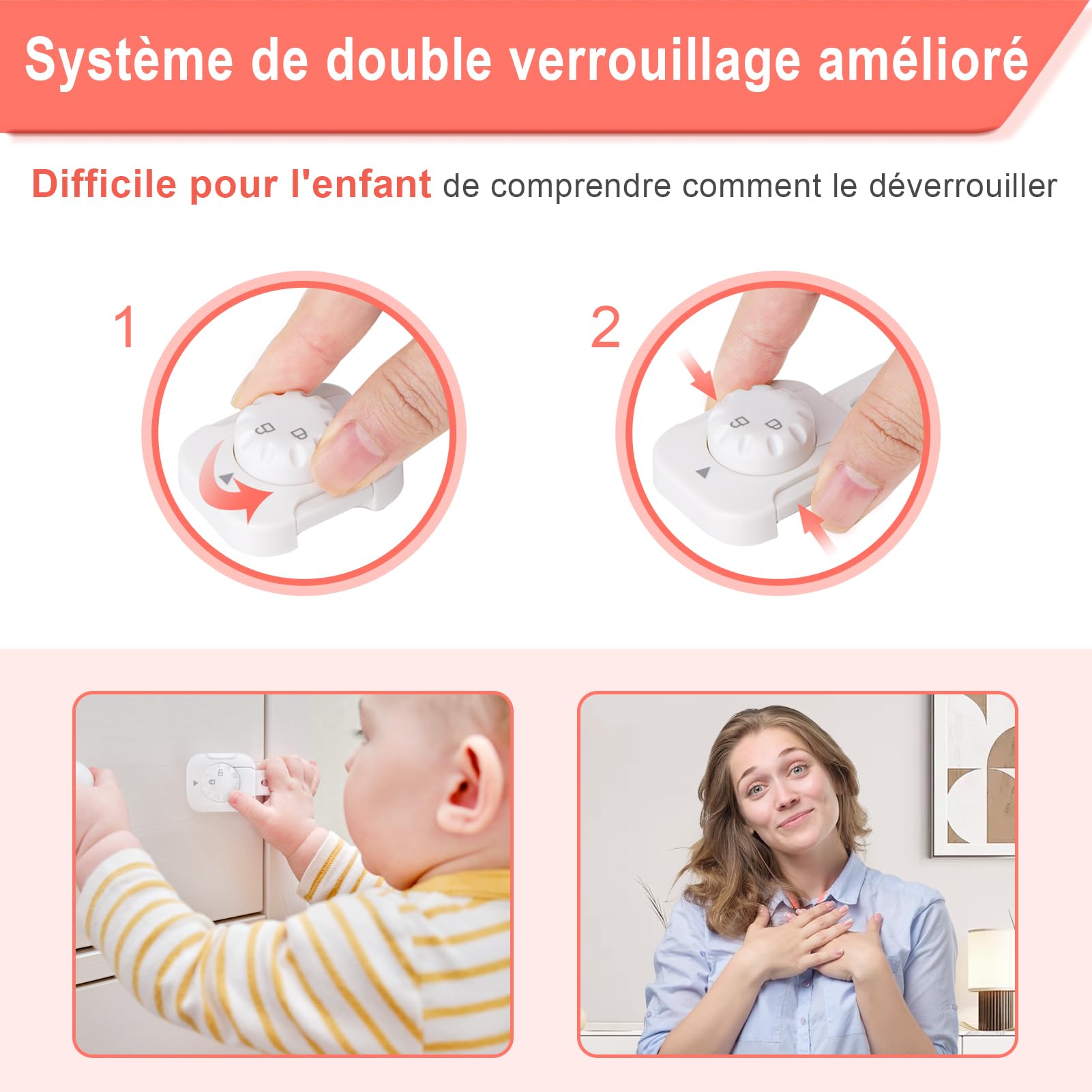 REDTRON Lot de 6 Bloque tiroir sécurité enfant bébé, Verrouillage amélioré, Blanc, sans outil pour tiroir four toilettes réfrigérateur