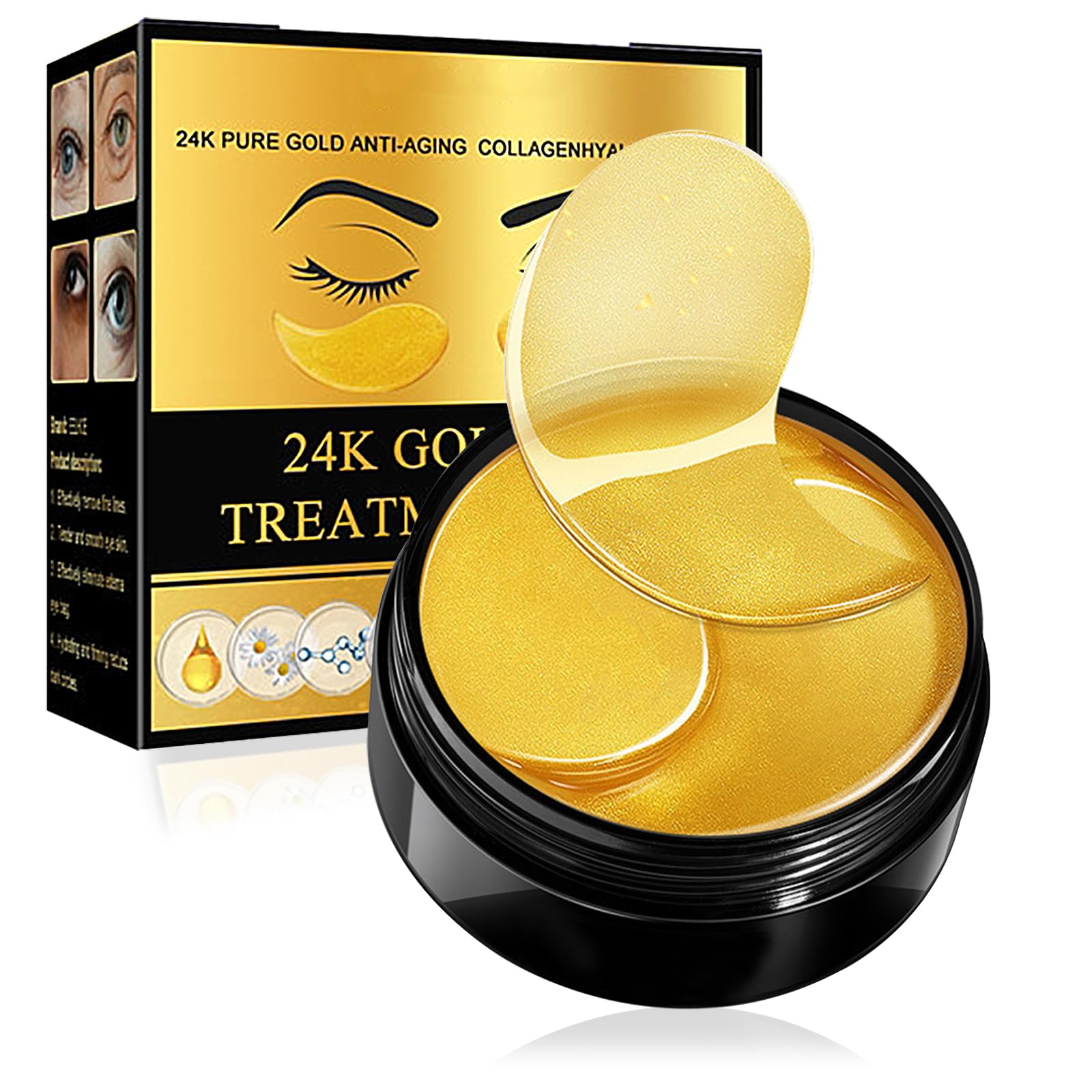 60 Patch Gold Masque Pour Les Yeux, Patch Anti Cernes Yeux, Contre les poches, cernes et rides, Hydratant, aide à soulager la fatigue, Soin éclaircissant du contour des yeux pour Femmes et Hommes