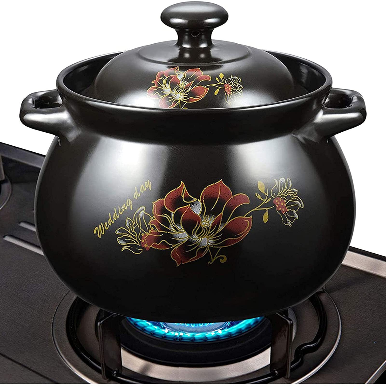 Plato De Cazuela Con Tapa, Pote De Cazuela De Cerámica, Pote De Stock, Cazuela, Olla De Barro Para Cocinar, Caja Fuerte, Olla De Piedra Hecha De Arcilla Natural, Artesanías Tradicionales,Negro,4L