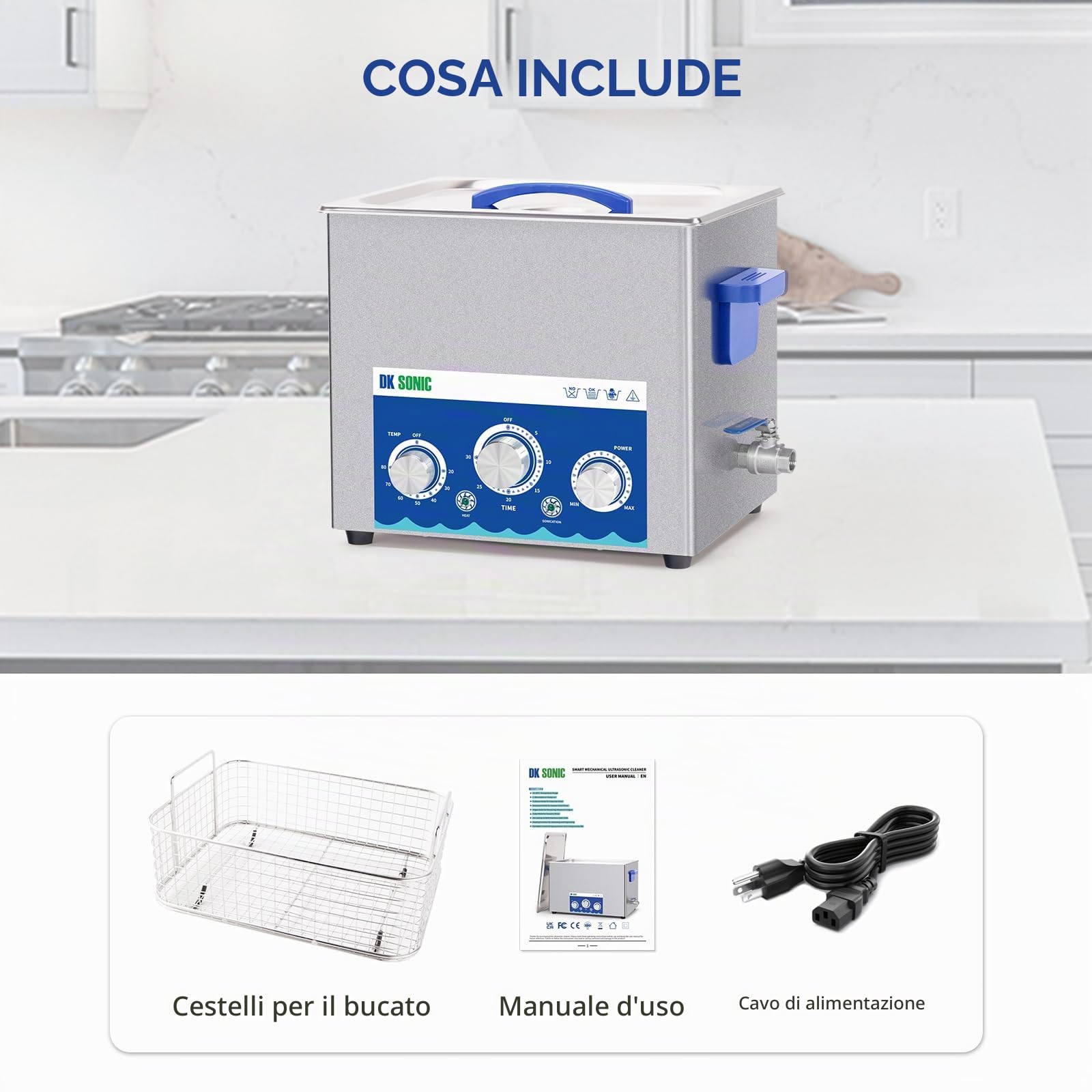 DK SONIC Pulitore ad Ultrasuoni 10L 240W con Funzione di Regolazione Della Potenza, Timer e Riscaldatore per Parti, Schede Elettroniche, Pulizia Catene (Cestello Incluso)