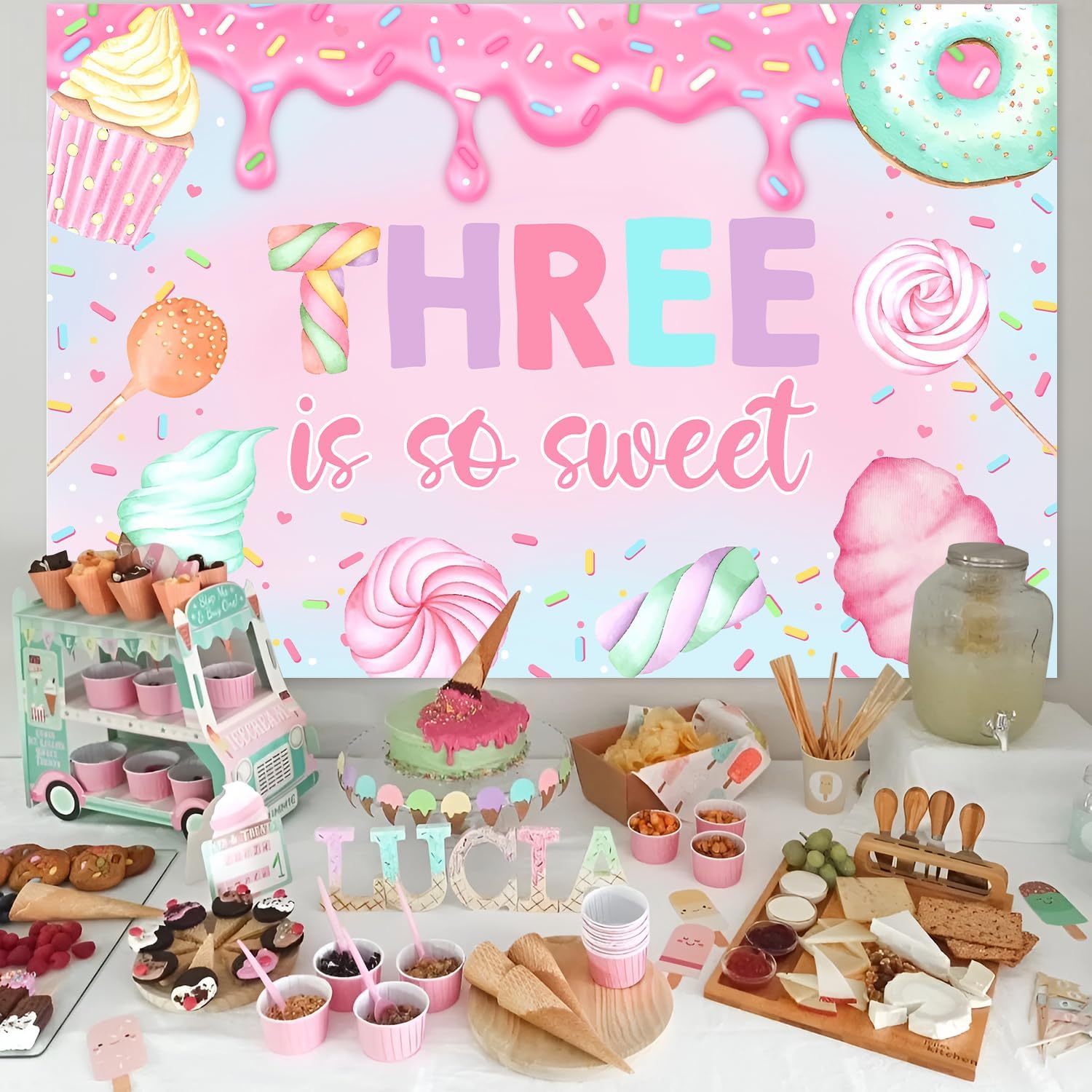 Donut Theme 3rd Birthday Backdrop Three is so Sweet Birthday Photography Background Pink Donuts 3rd Birthday Party Decorations for Girls 3rd Birthday Party Decor Supplies 5x3ft