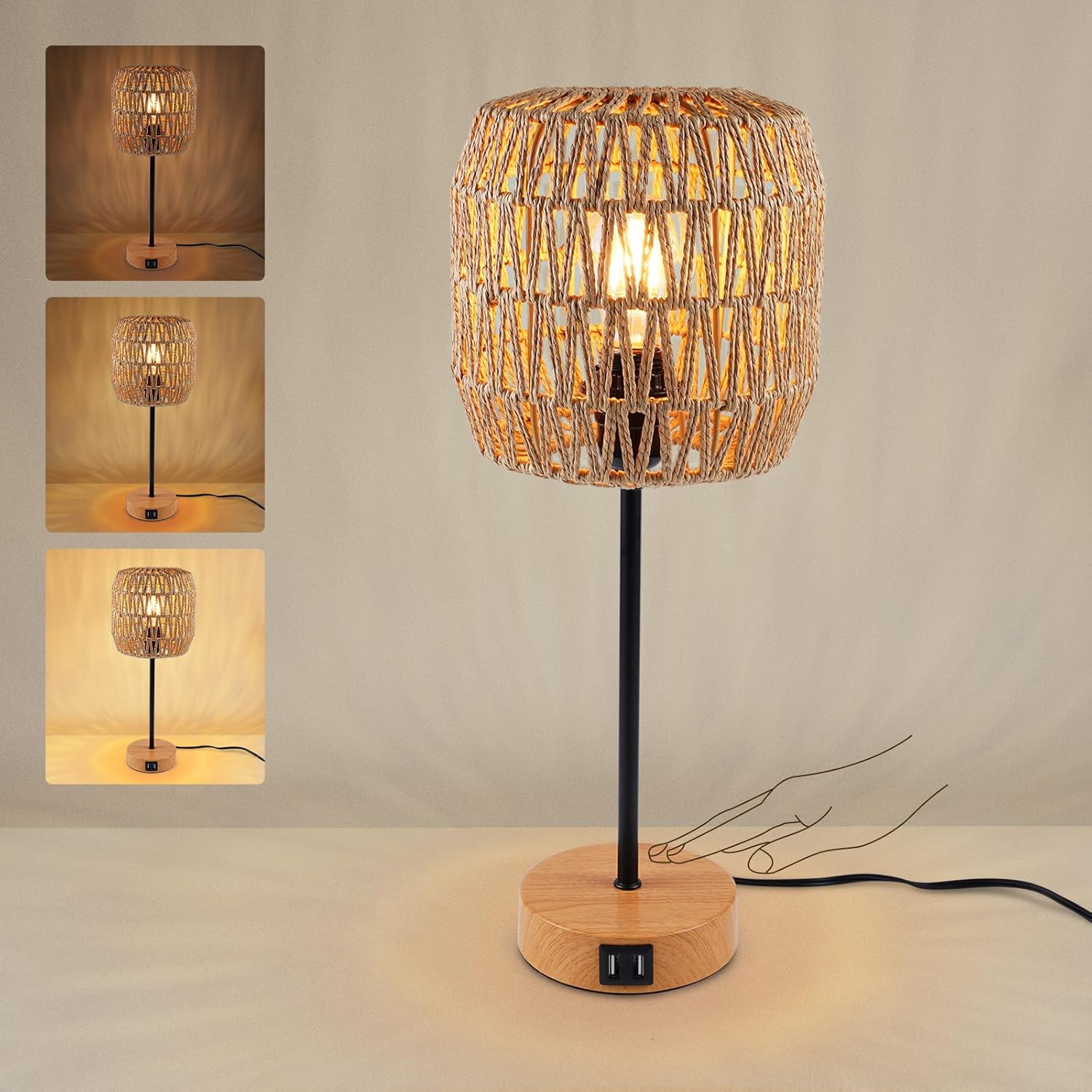 N10-2 Farmhouse Table Lamp Dimmable Touch Control Plug in Lamps Linen Rustic Desk Lamp IImitation Wood Metal Base Vintage Nightstand Table Lamp with USB Port for Bedroom Bedside (Bulb Included)