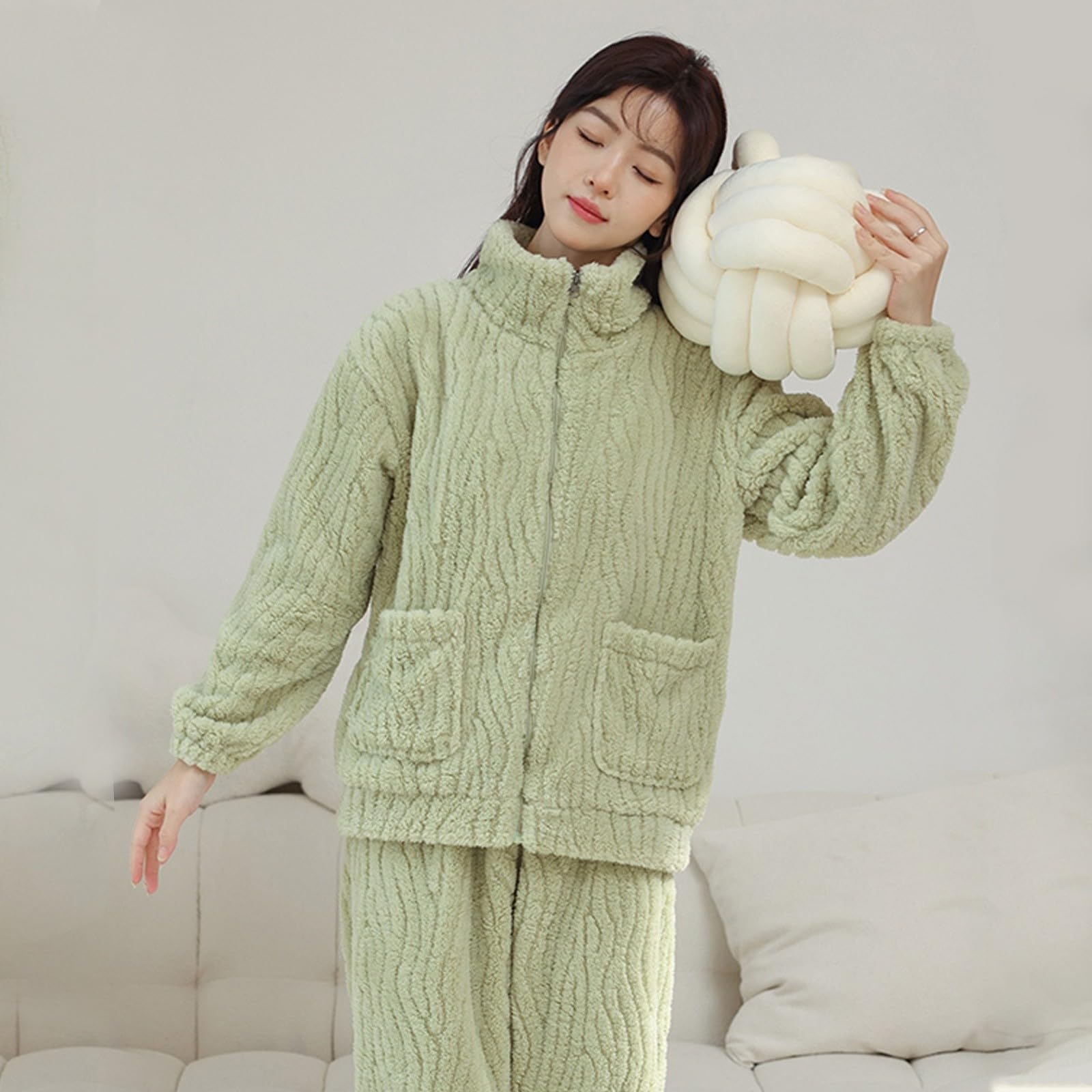 Generisch Pigiama da donna in peluche, morbido, caldo, in pile, per donne, carino, 2 pezzi, abbigliamento invernale, biancheria da notte, da jogging, tinta unita, caldo e spesso, completo con zip