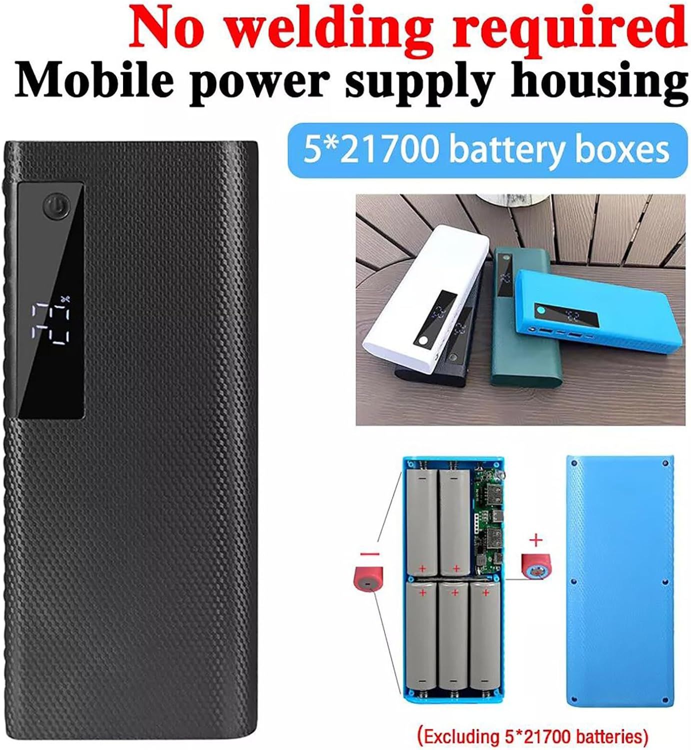 Charging Bank Solder Free Kit, Plastic Power Bank Box DIY Charging Case Power Display Free Welding Case for 5x21700 Battery Case