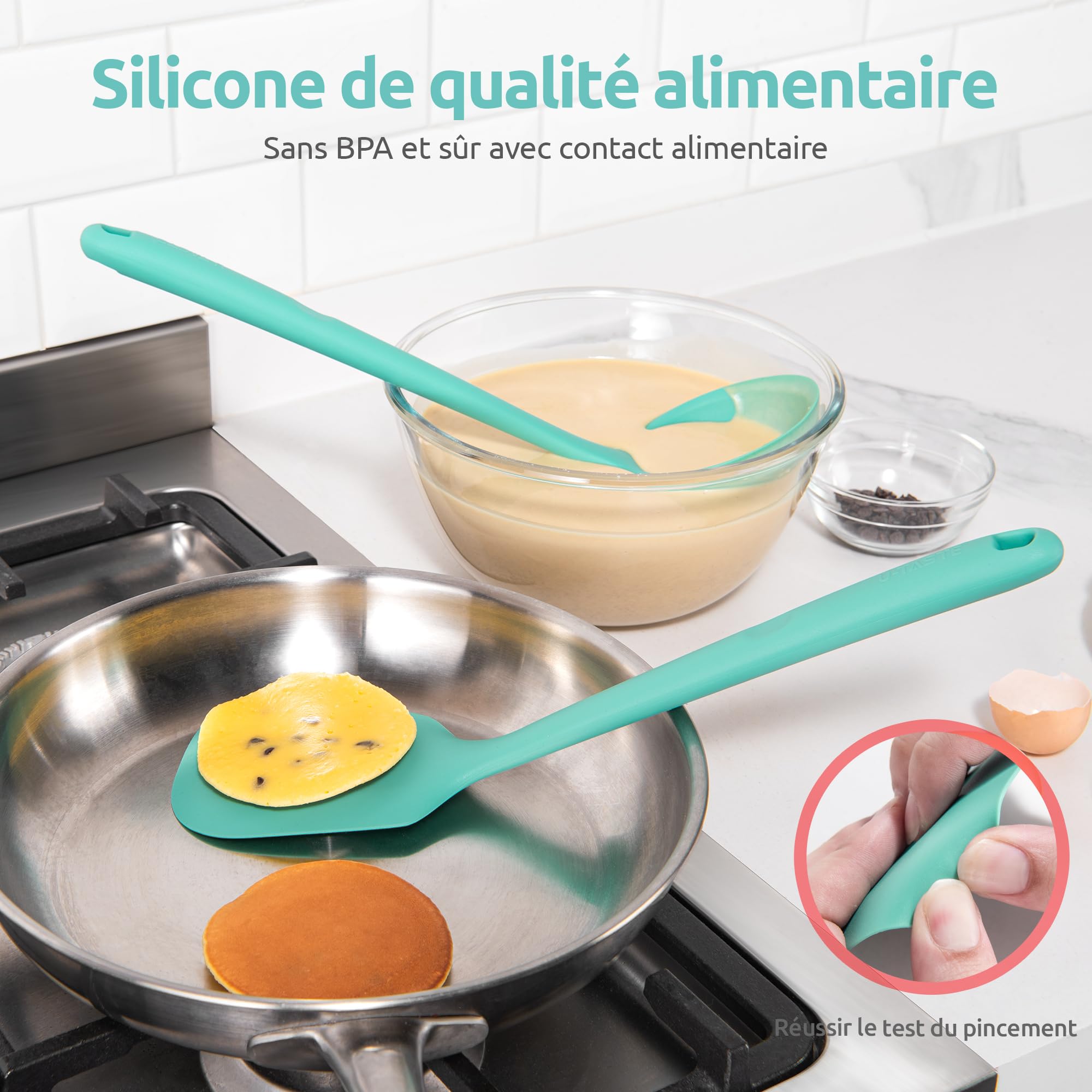 U-Taste Ustensiles de cuisine en silicone extra longs: spatules de cuisson résistantes à la chaleur de 315 ℃, cuillères de service pour mélanger friture remuer l'égouttage (5 pièces, Aqua Sky)
