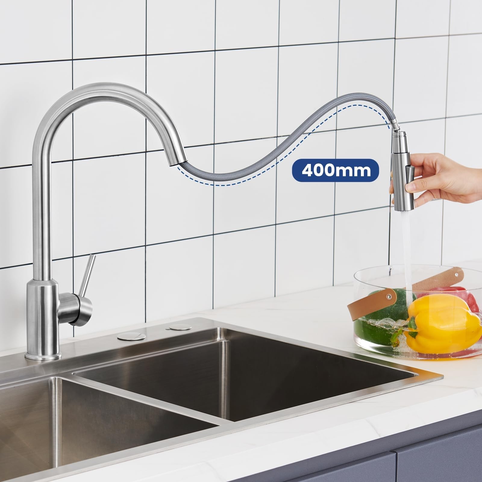 CECIPA Rubinetto Lavello Cucina, Miscelatore Cucina con Doccetta Estraibile 2 Modalità Acqua, Rubinetto Acciaio Inox Girevole a 360°, Risparmio Idrico, Spazzolata