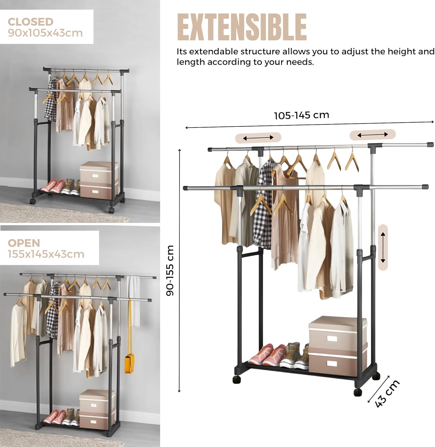 Diagram illustrating the adjustable height and length of the XOKOTAKI Double Coat Rack, showing closed and open dimensions.