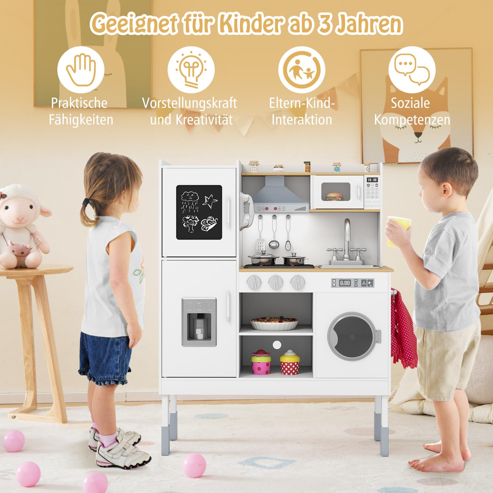 DREAMADE Höhenverstellbare Kinderküche mit Licht und Sound, Spielküche aus Holz mit Zubehör, Kinderspielküche mit Spüle Herd Backofen, Holzküche Spielzeugküche für Kinder ab 3 Jahren (Groß-Natur+Weiß)