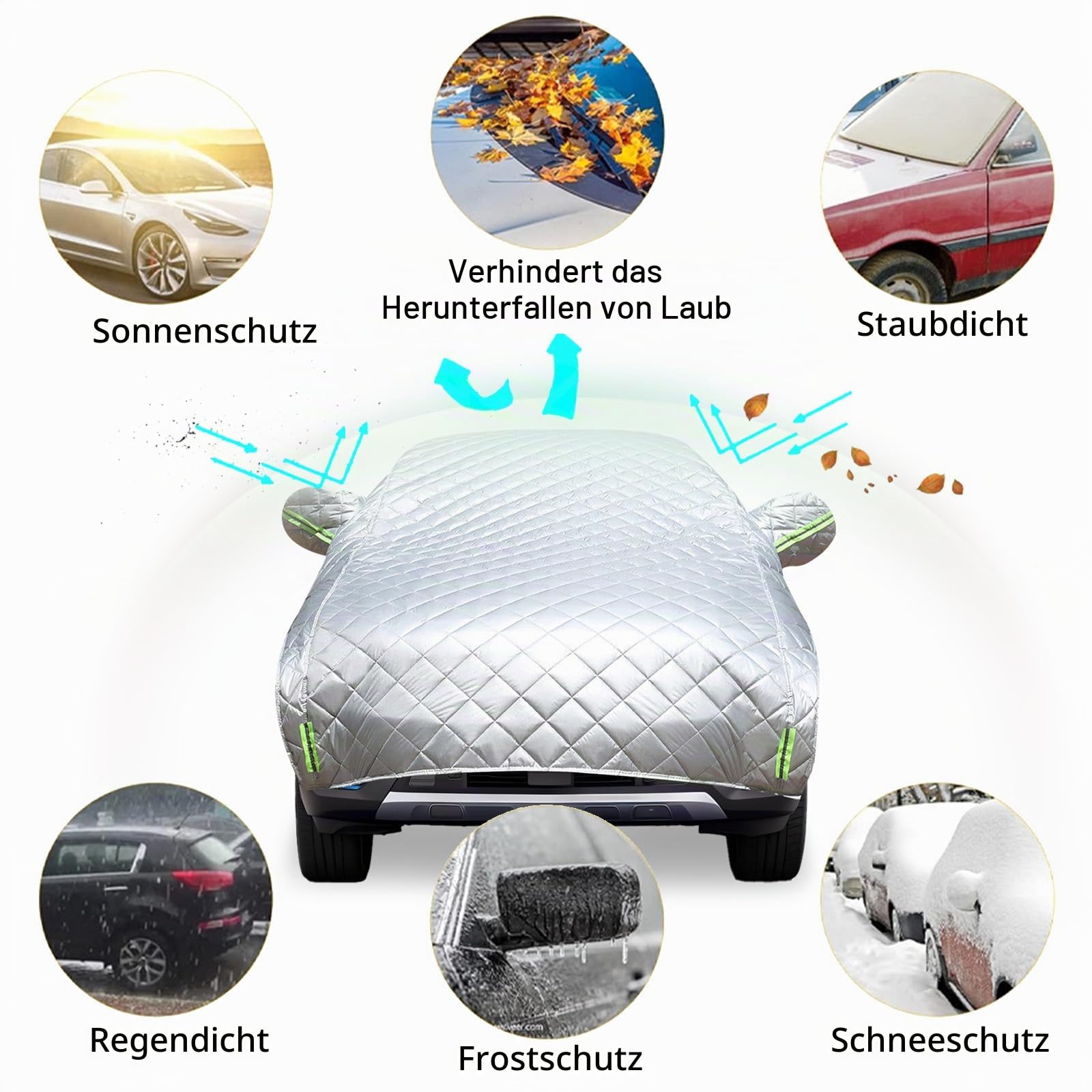 Autoabdeckung, 520x240cm Halbgaragenabdeckung Hagelschutz Auto Hageldecke für Autos Frontscheibenabdeckung Winter Wasserdicht Einfrieren verhindern Staubdicht Schneeschutz für SUV und Geländewagen