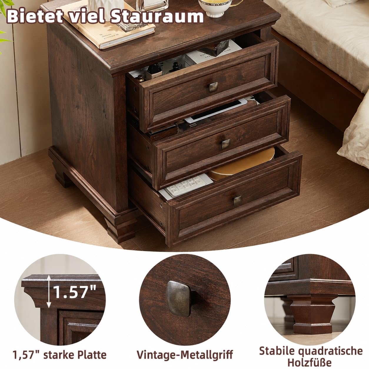 LELELINKY Nussfarbener Dreibettschrank, Nachttisch mit Schubladen