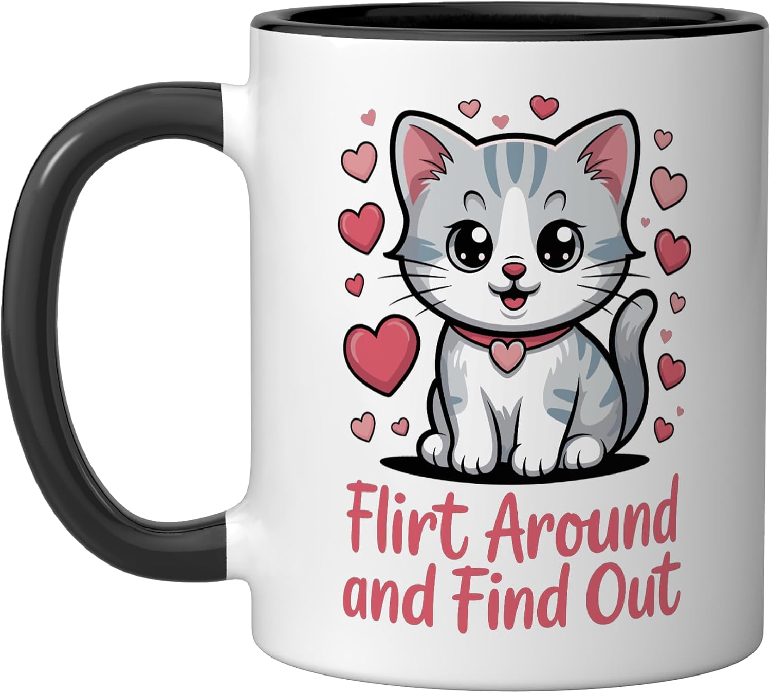 Flirt Around and Find Out Cute Cat Valentine Ceramic Mug, Black/White, 15oz image 4