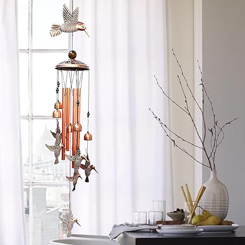 Miniatura 6 de Campanillas de viento de colibrí para decoración interior y exterior, con 4 tubos de aluminio, 6 campanas, 7 colibríes, captador de viento móvil,