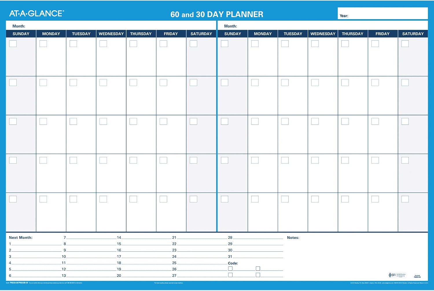 AT-A-GLANCE Wall Planner / Calendar, Undated, Erasable, 30/60-Day, 36 x 24, White/Blue (PM233-28)