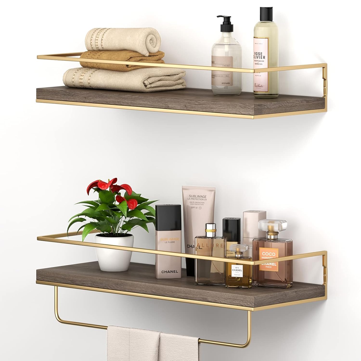 PEDEX Modern Floating Shelves Wall Mounted Set of 2, Rustic Wood Wall Storage Shelves for Bedroom,Living Room,Bathroom, Kitchen (Brown & Gold) (B0D773KWT6) Amazon Price History, Amazon Price Tracker