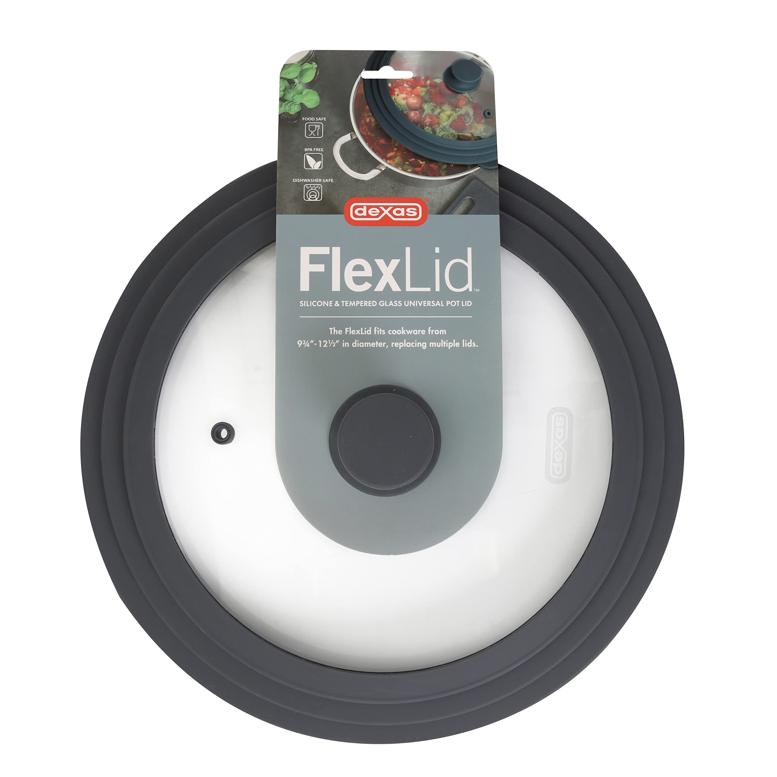Dexas GSL115-432M FlexLid uniwersalna pokrywka patelni wykonana z hartowanego szkła i silikonu, pasuje do doniczek o średnicy 30 cm