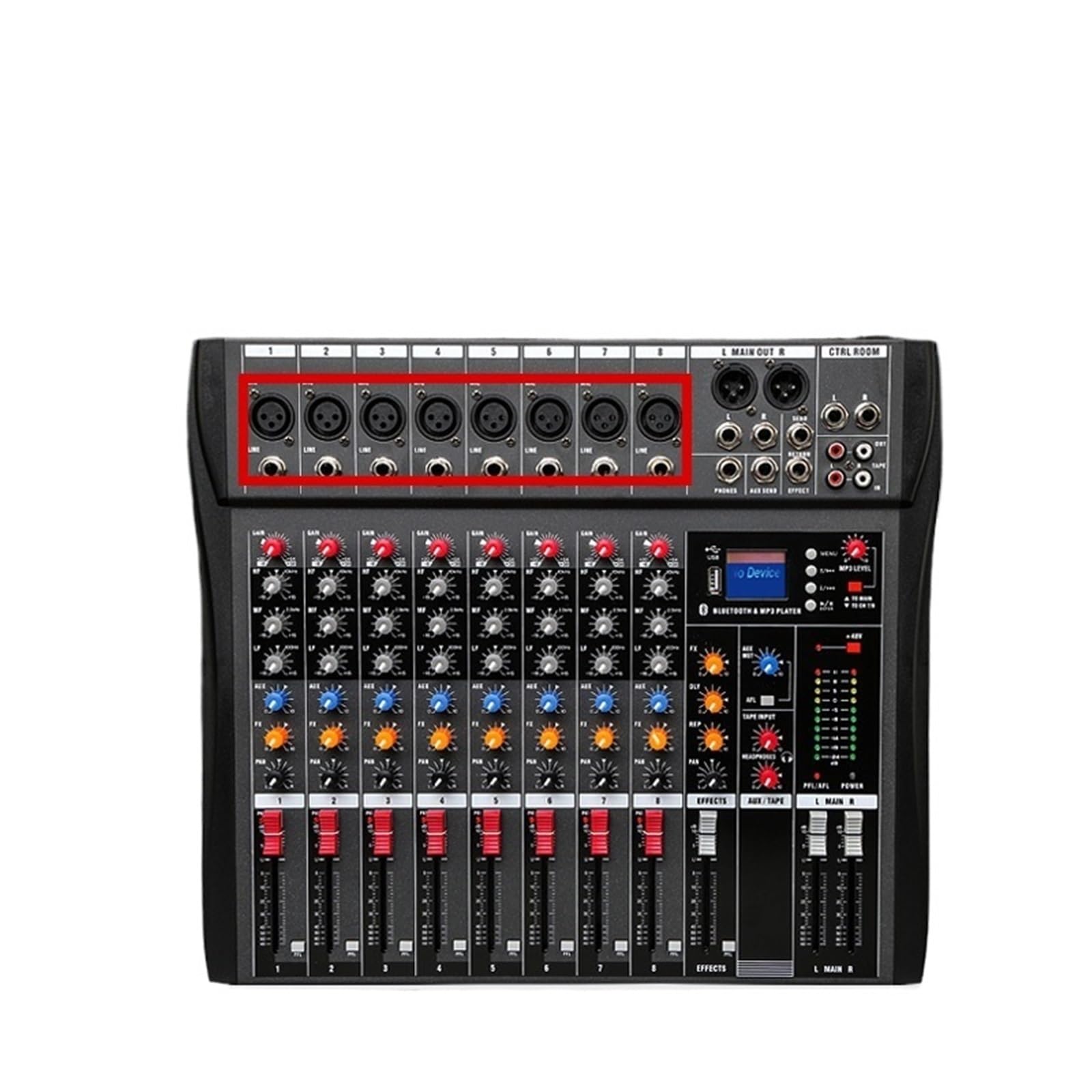 Mikser audio, profesjonalny mikser z 8 kanałami, konsola do miksowania dźwięku, obsługa Bluetooth, USB i zasilanie fantomowe 48 V do nagrywania na imprezach