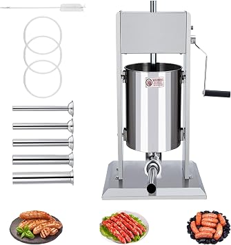 11LBS/5L Manual Sausage Stuffer, Heavy Duty Stainless Steel Meat Stuffer & Sausage Maker Machine, Dual Speed Sausage Filler with 5 Stuffing Tubes for Commercial and Home Use