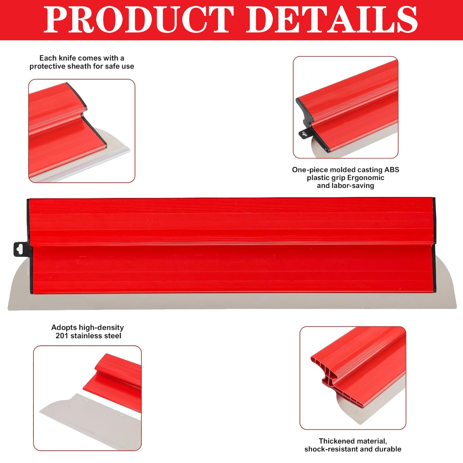 Spatole per Stucco 3 pezzi acciaio inox (20cm+40cm+85cm) Frattazzo per Lisciare Muri e Soffitti, Utensile Professionale per Intonaco, Pittura e Rimozione Gesso (Rosso)
