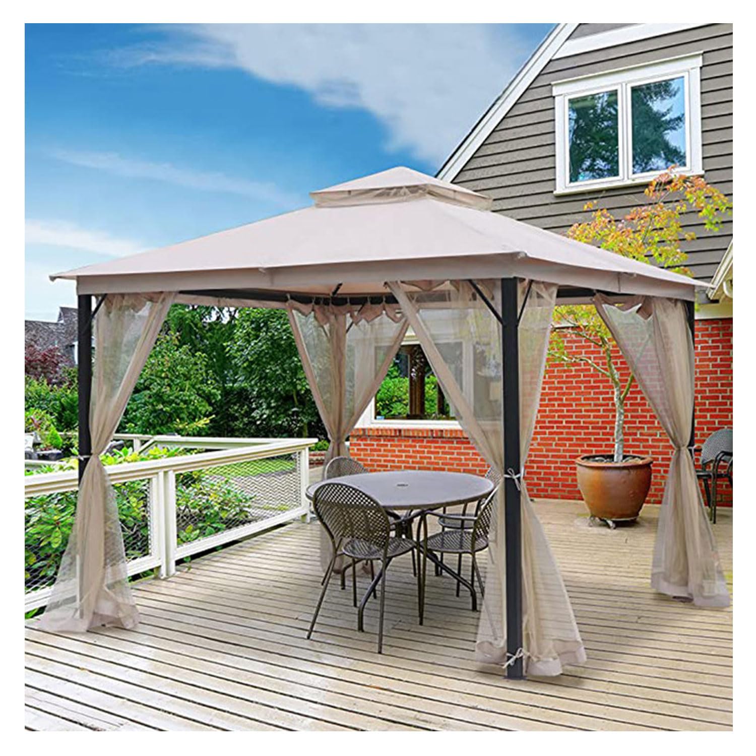 Moustiquaire pour Tonnelle et Gazebo 4 Panneaux Rideau Filet de Protection Universel avec Fermeture Éclair Anti-Moustiques pour Jardin Terrasse Patio Auvent et Pergola (Kaki, 3.6 * 3.6M)