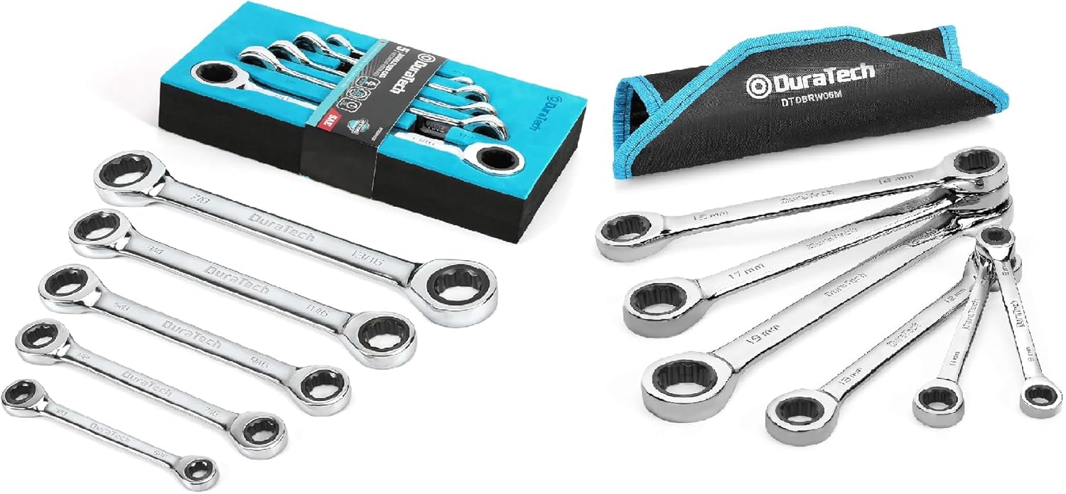 DURATECH Double Box End Ratcheting Wrench Set, SAE and Metric, 11-Piece, CR-V Steel, with EVA Foam Tool Organizer