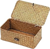 ORDELITE Set of 2 Natural Seagrass Wicker Storage Baskets with Lids - Handwoven Shelf Organizers for Kitchen, Bathroom, Home Decor