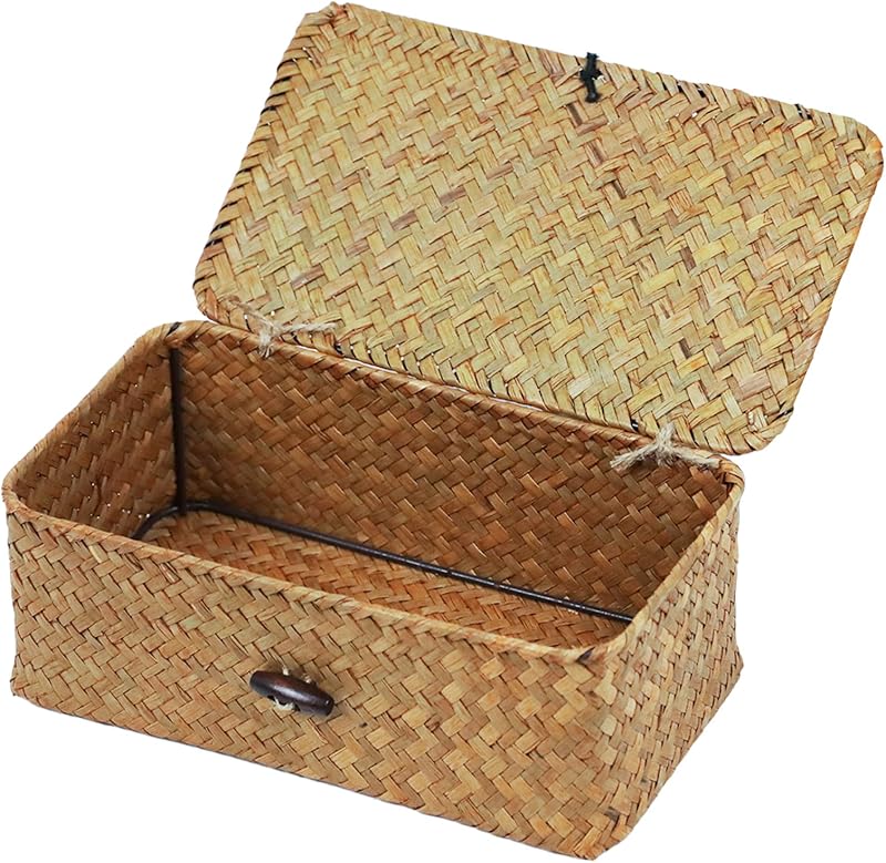 Wicker Storage Basket with Lid, Seagrass Storage Baskets for Organizing | Rectangular Woven Basket for Storage, Decorative Boxes Bins with Lid Home Organizer Decor, Small Storage Box, Shelf Organizer