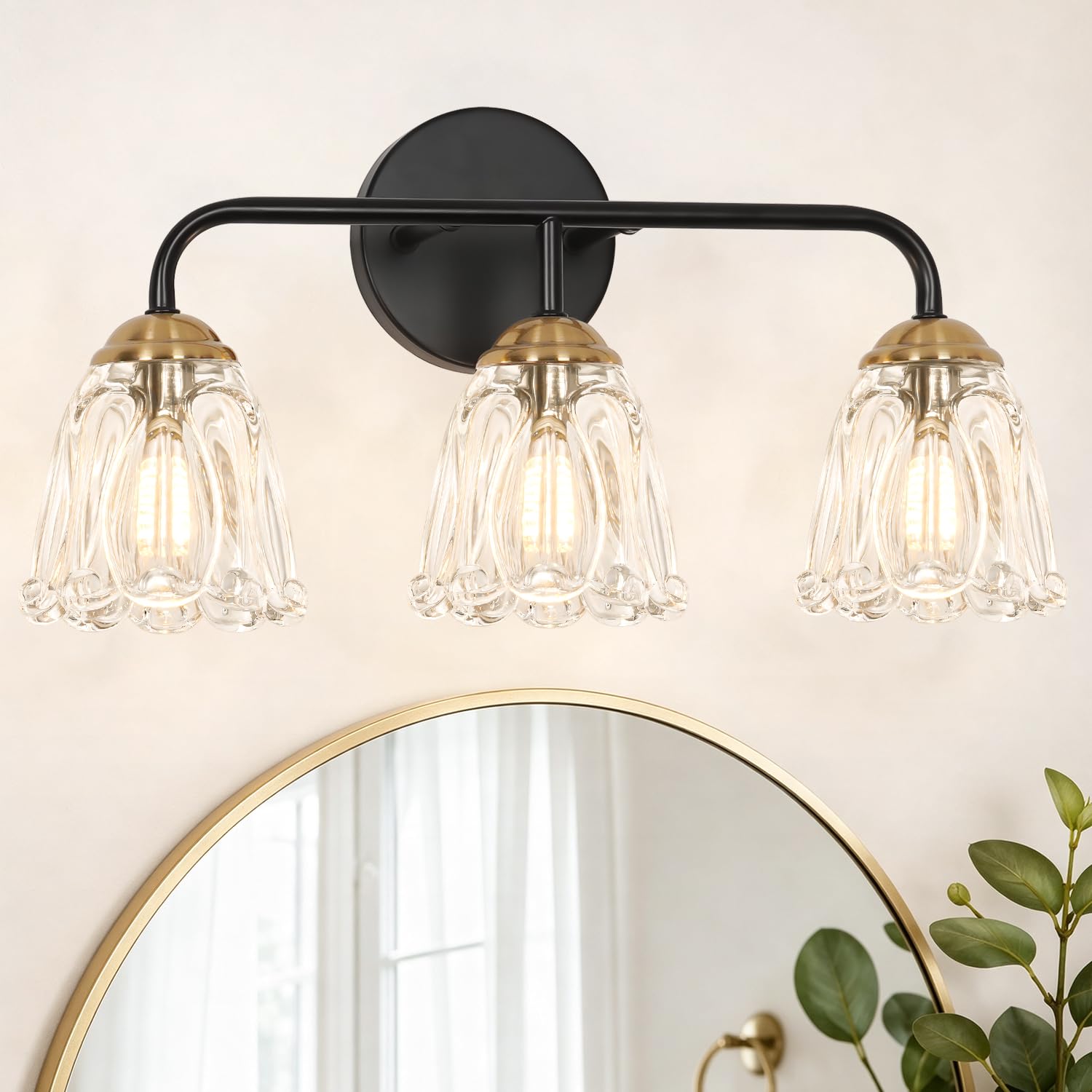 Photo 1 of Daunton Vintage 3 Light Vanity Light, Black and Gold Bathroom Vanity Light, Bathroom Light Fixtures with Glass Shade, Antique Vanity Light Fixtures Over Mirror, Wall Sconce for Bedroom, Living Room