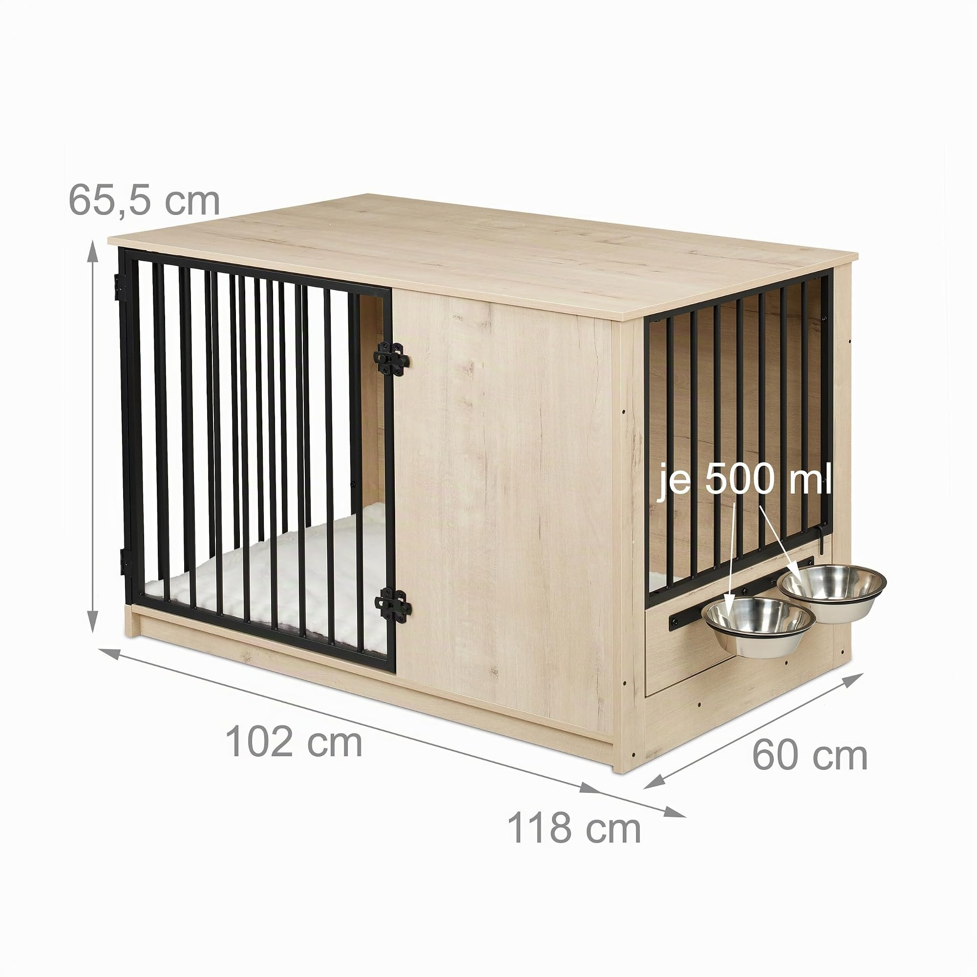 Relaxdays Canin, pour la Maison, H x L x P : 65,5 x 102 x 60 cm, 2 gamelles pivotantes, Box en MDF et Acier, Gris/Noir