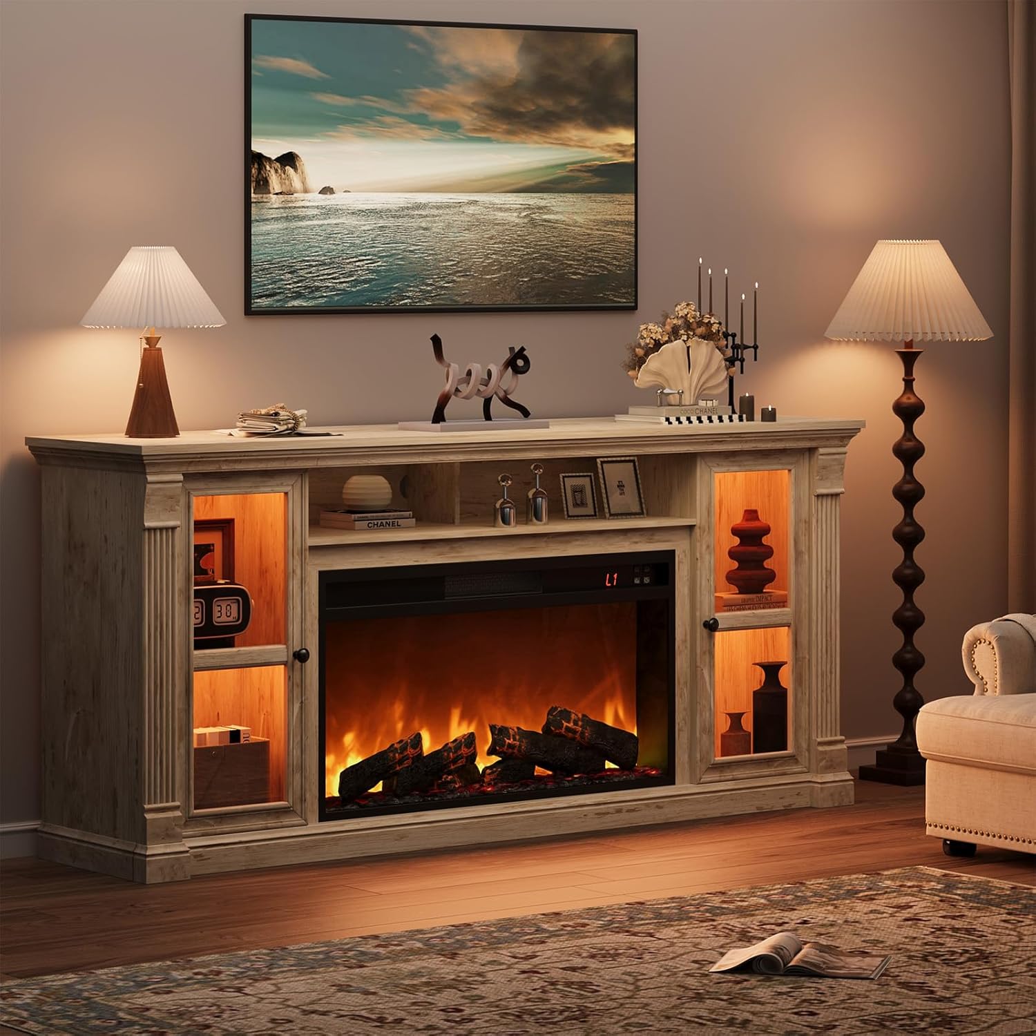 Farmhouse Fireplace TV Stand Up to 80" TVs, 70" Modern Highboy Entertainment Center with 36" Electric Fireplace & LED Lights, Media Console with Adjustable Shelves for Living Room, Antique Brush Gray